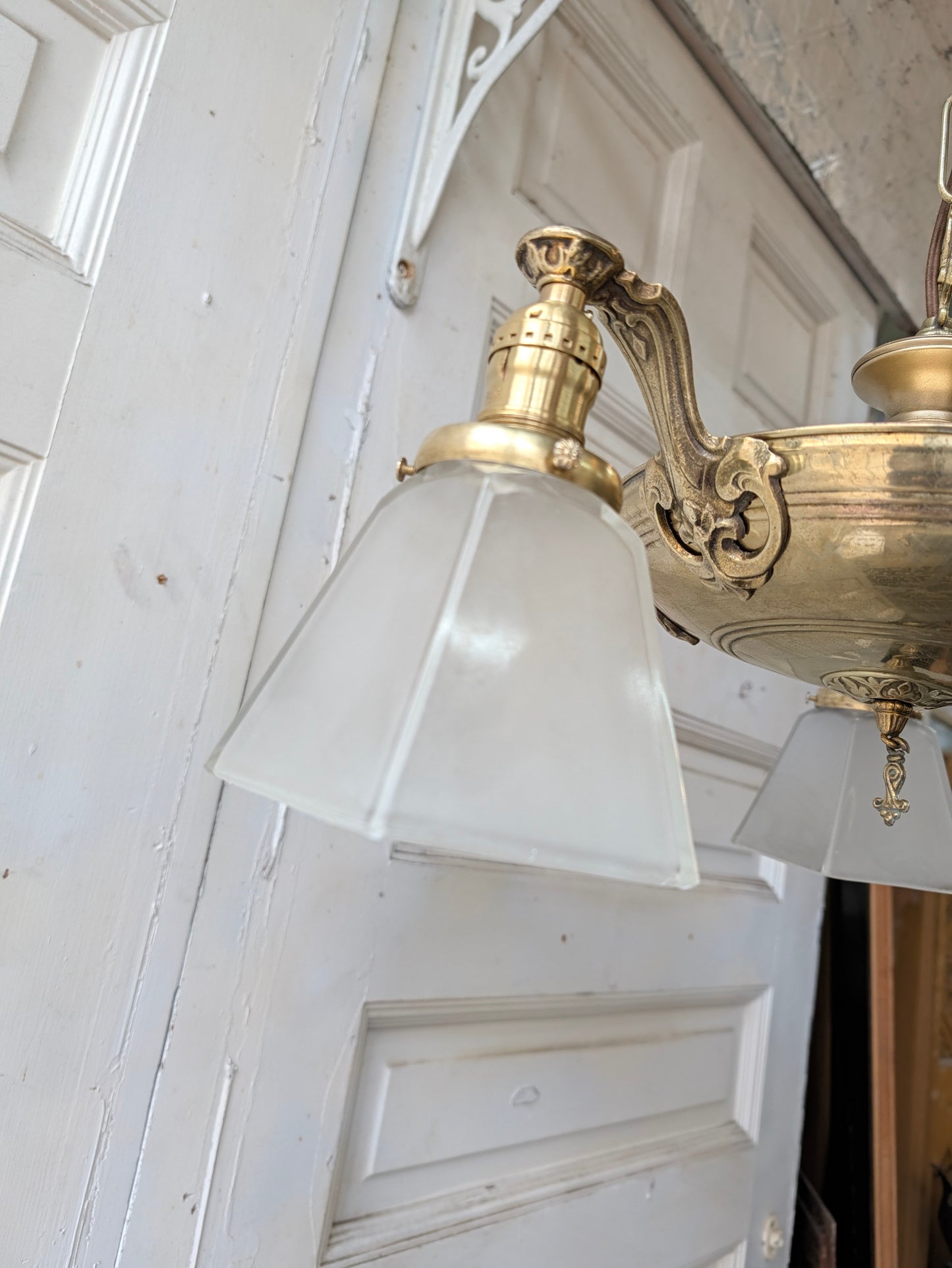 Antique Brass Pan Light with Square Glass Shades - Refurbished Chandelier