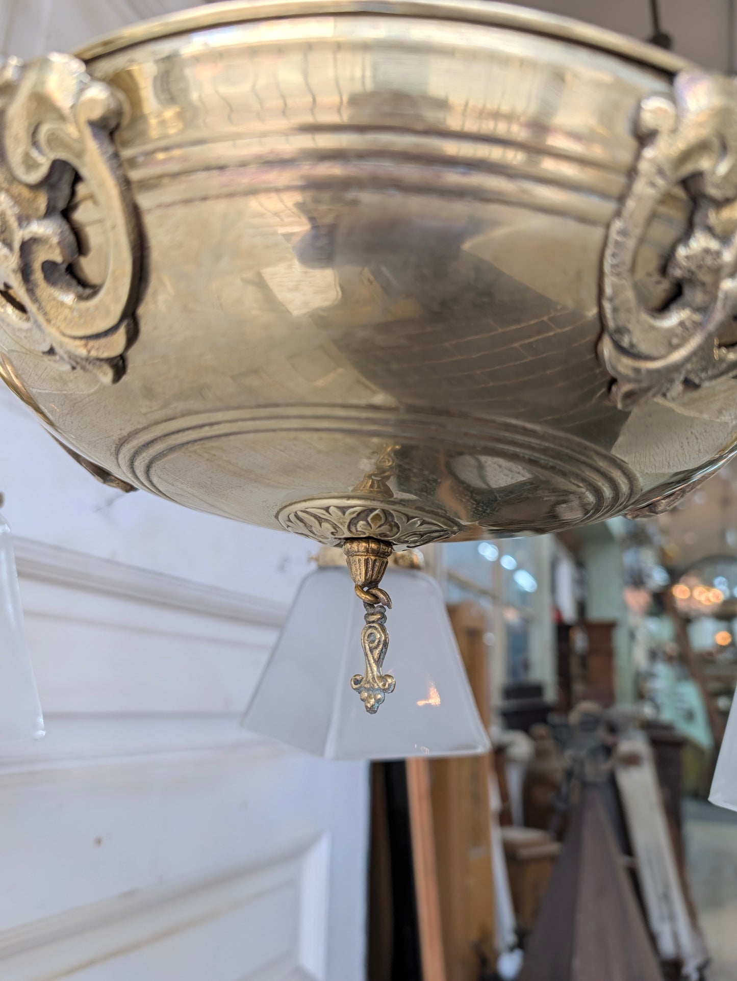 Antique Brass Pan Light with Square Glass Shades - Refurbished Chandelier
