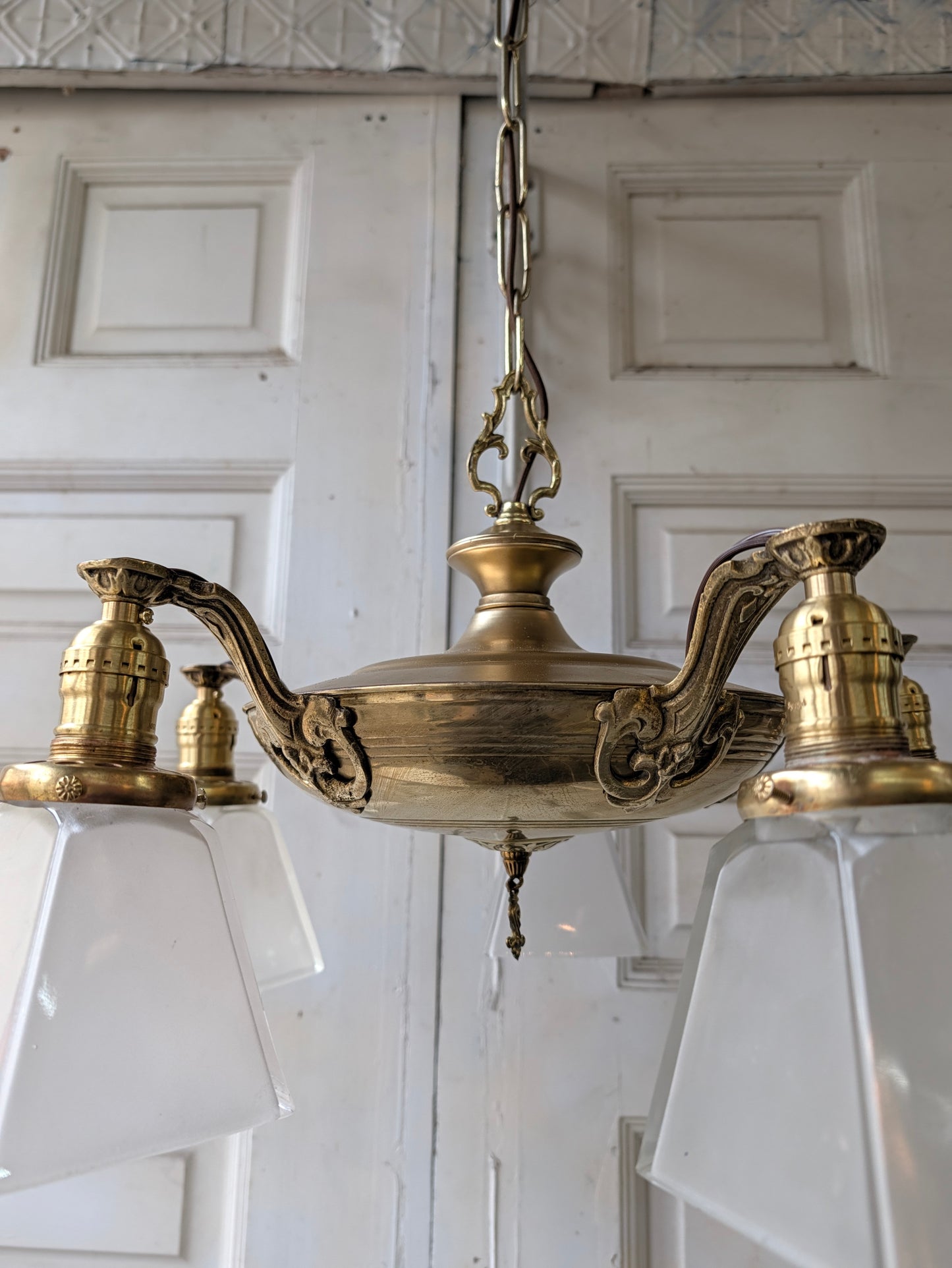 Antique Brass Pan Light with Square Glass Shades - Refurbished Chandelier