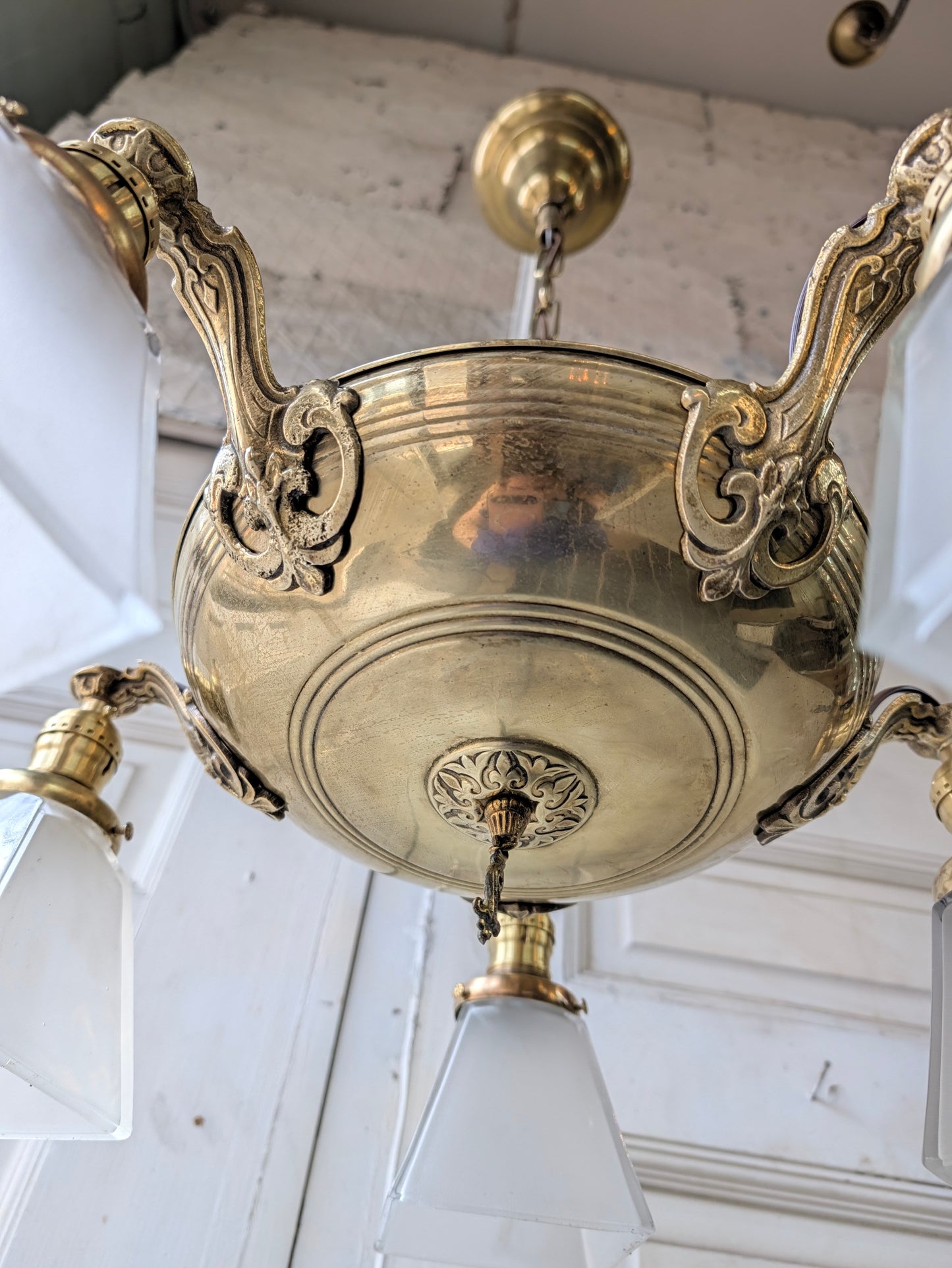 Antique Brass Pan Light with Square Glass Shades - Refurbished Chandelier