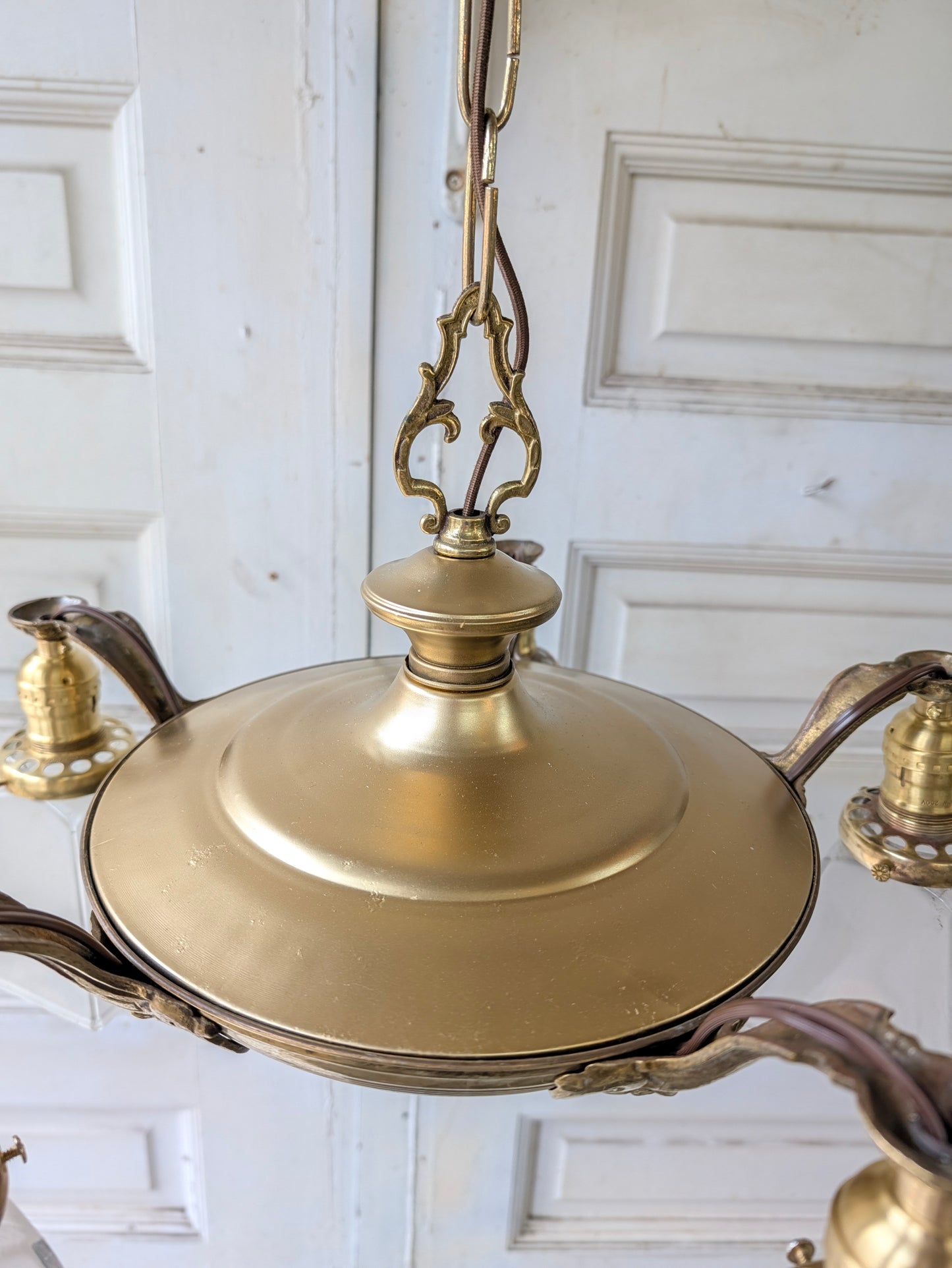 Antique Brass Pan Light with Square Glass Shades - Refurbished Chandelier