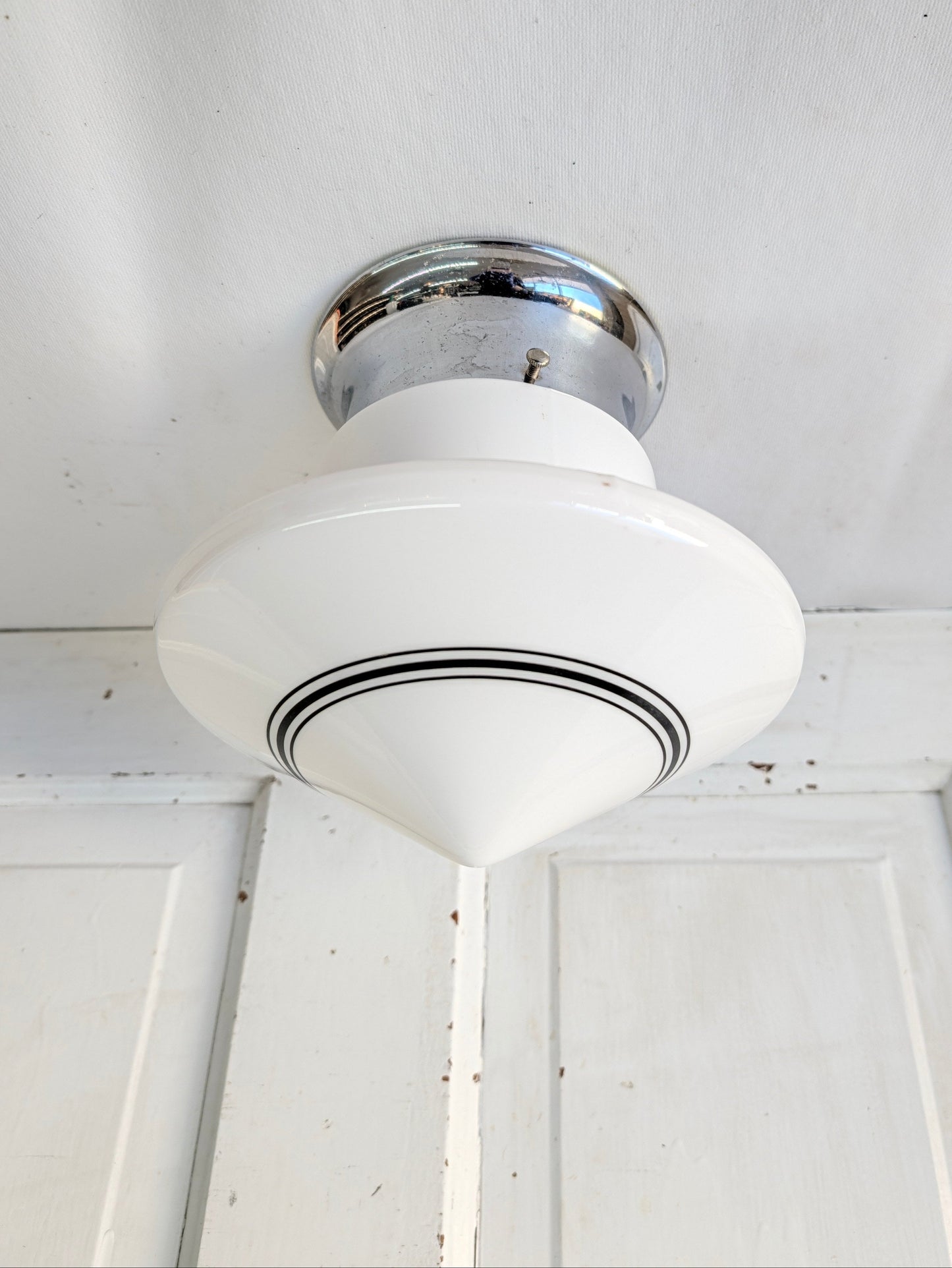 White and Black Ceiling Light, Vintage Milk Glass Light