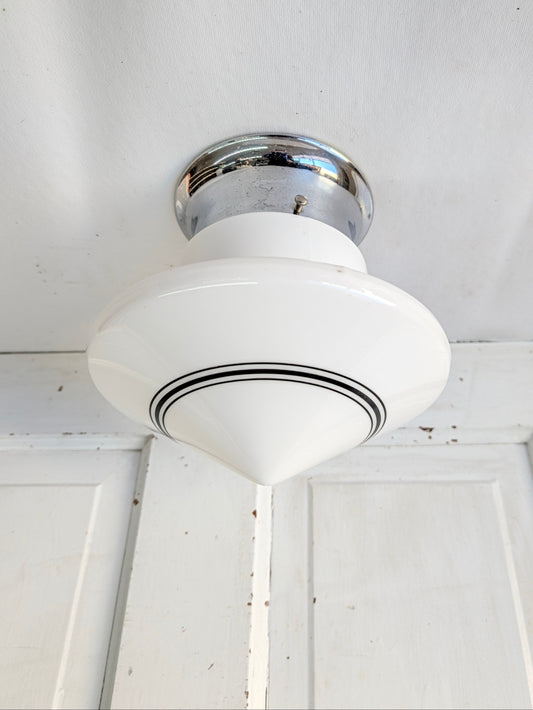 White and Black Ceiling Light, Vintage Milk Glass Light