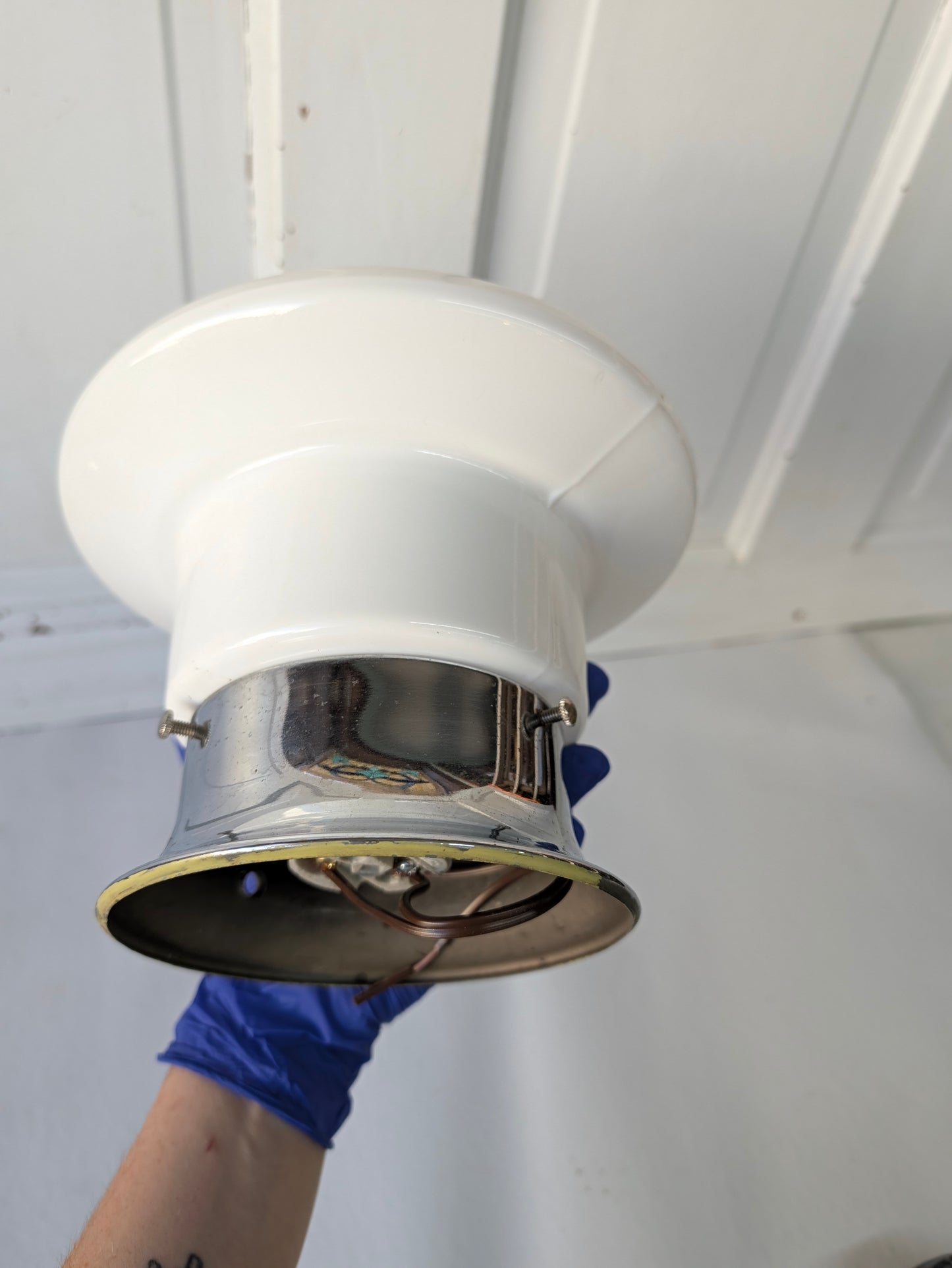 White and Black Ceiling Light, Vintage Milk Glass Light