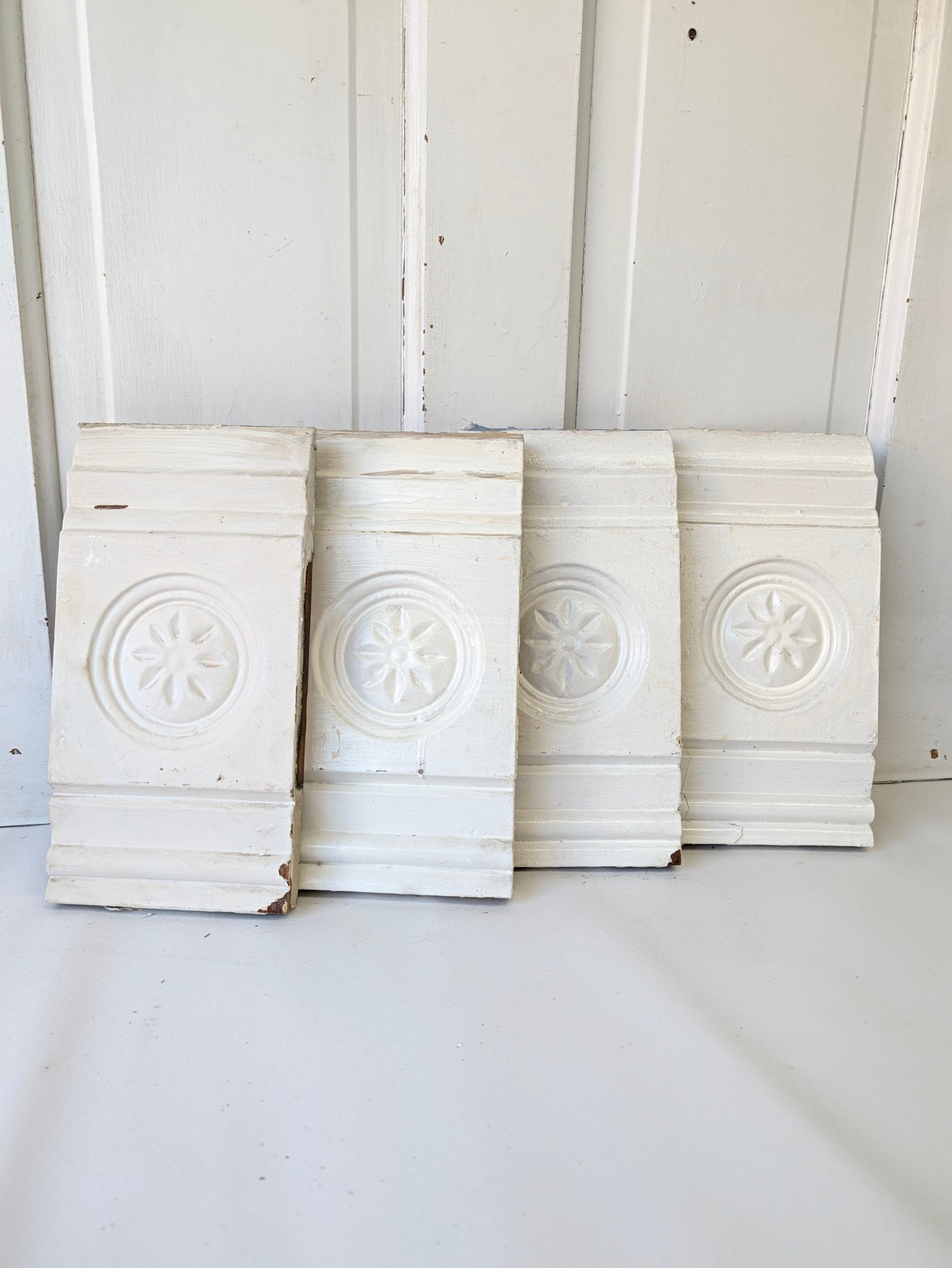 Four Carved Wood Plinth Blocks, Spoon Carved Wooden Trim Molding