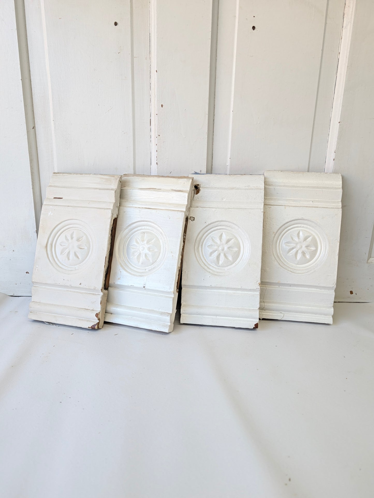 Four Carved Wood Plinth Blocks, Spoon Carved Wooden Trim Molding