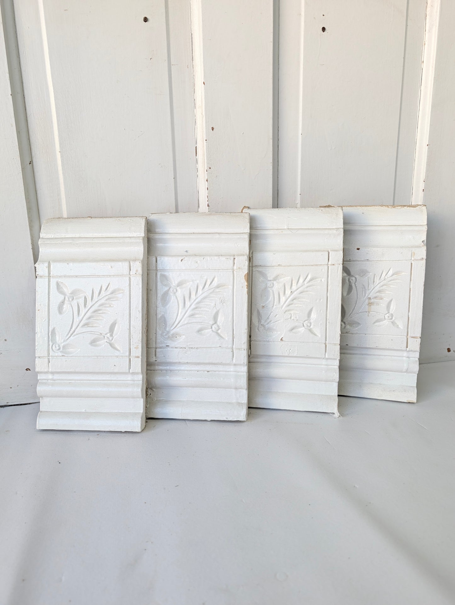 Four Antique Spoon-Carved Wood Plinth Blocks, Wood Trim Rosettes