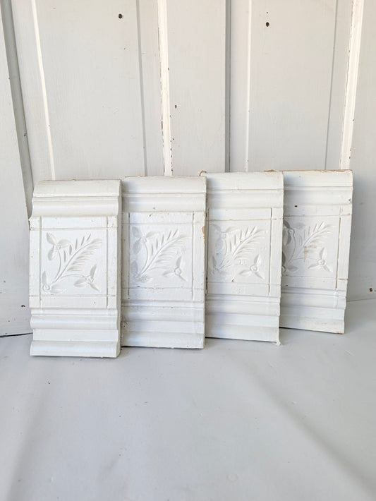 Four Antique Spoon-Carved Wood Plinth Blocks, Wood Trim Rosettes