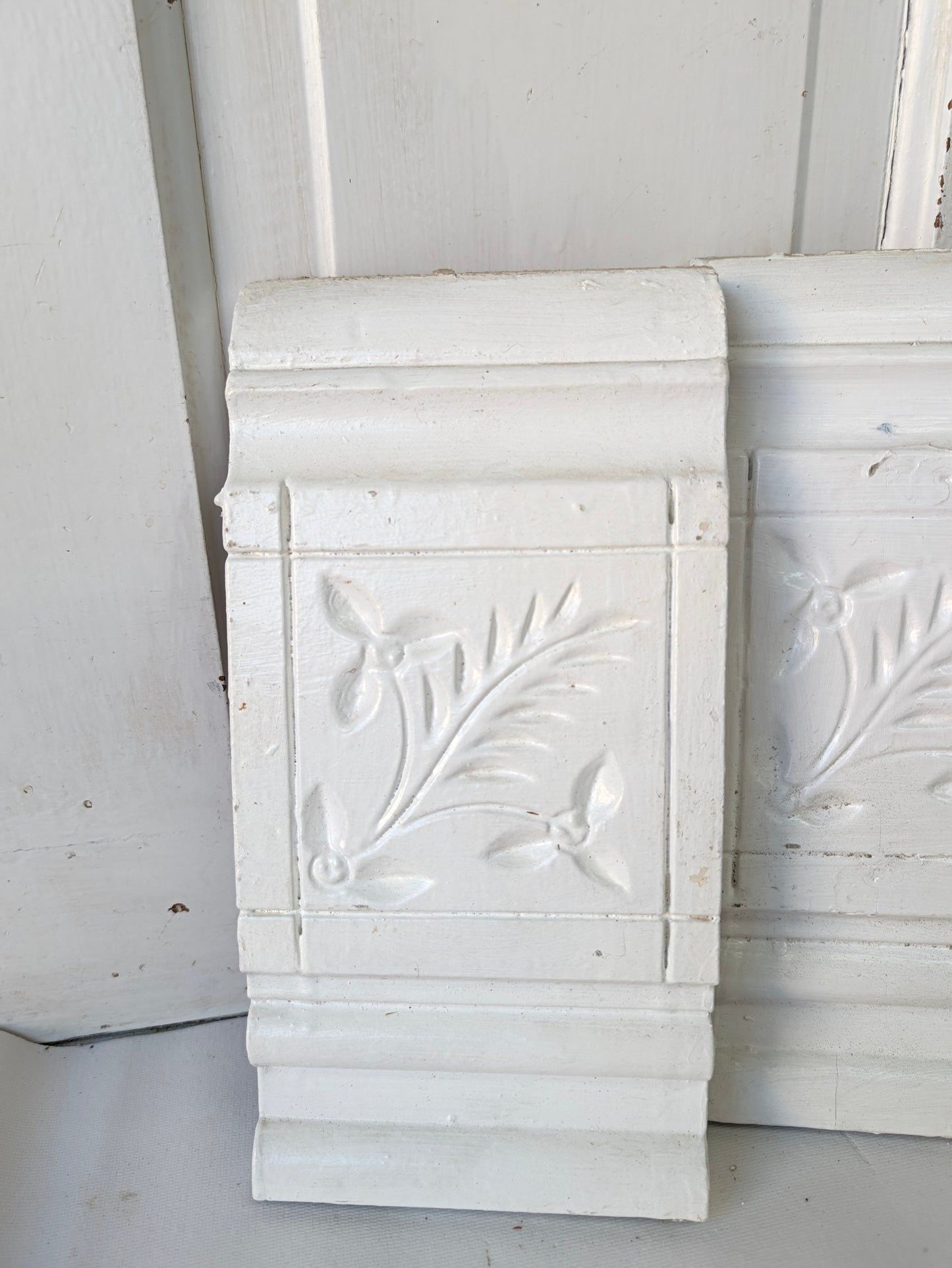 Four Antique Spoon-Carved Wood Plinth Blocks, Wood Trim Rosettes