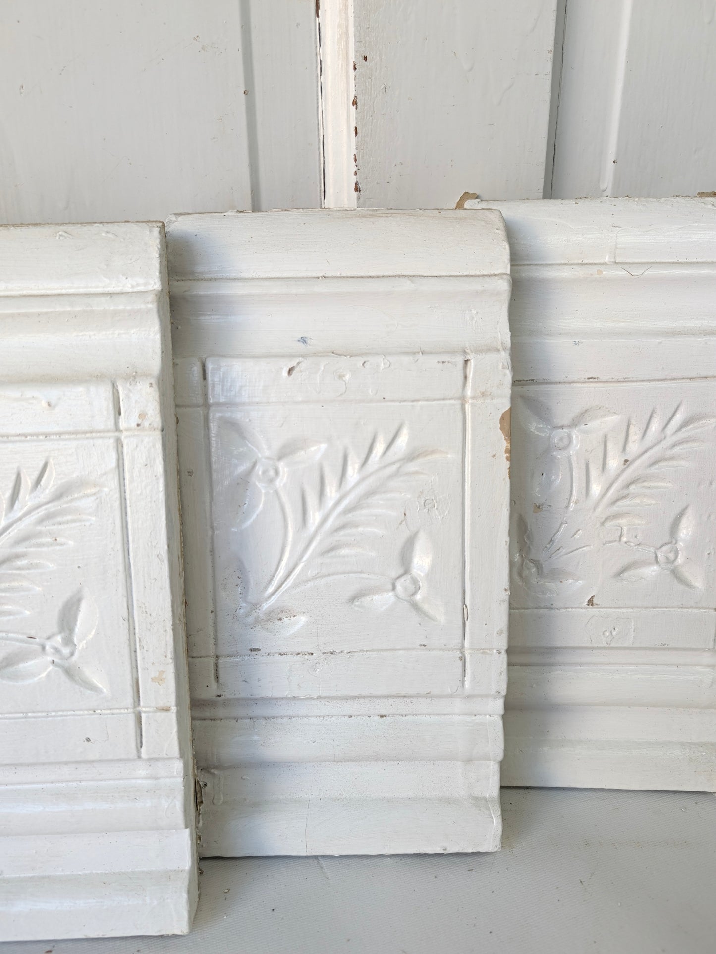 Four Antique Spoon-Carved Wood Plinth Blocks, Wood Trim Rosettes