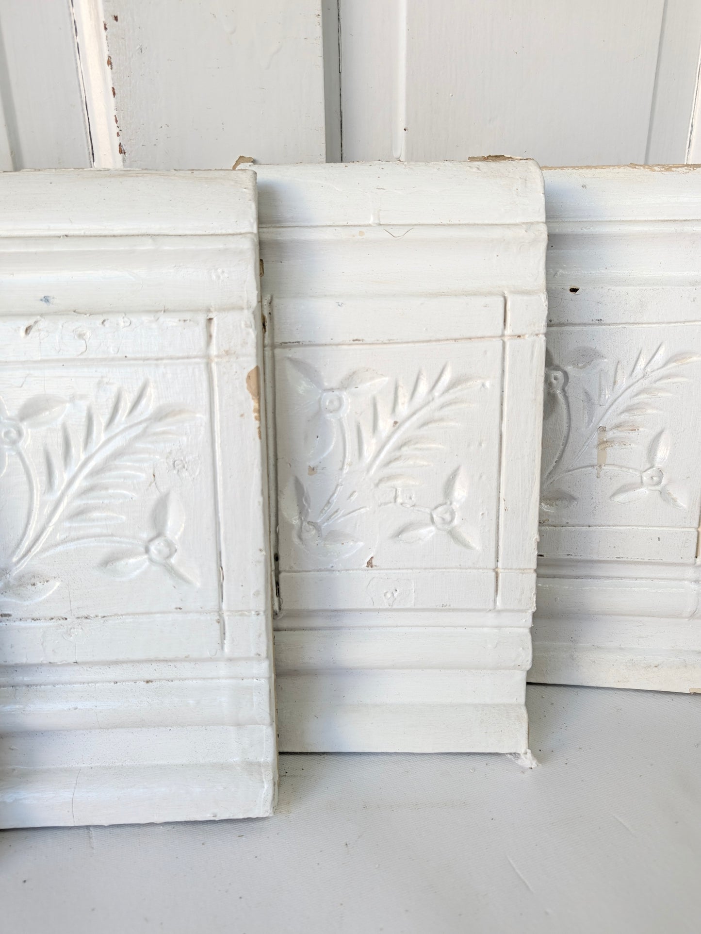 Four Antique Spoon-Carved Wood Plinth Blocks, Wood Trim Rosettes
