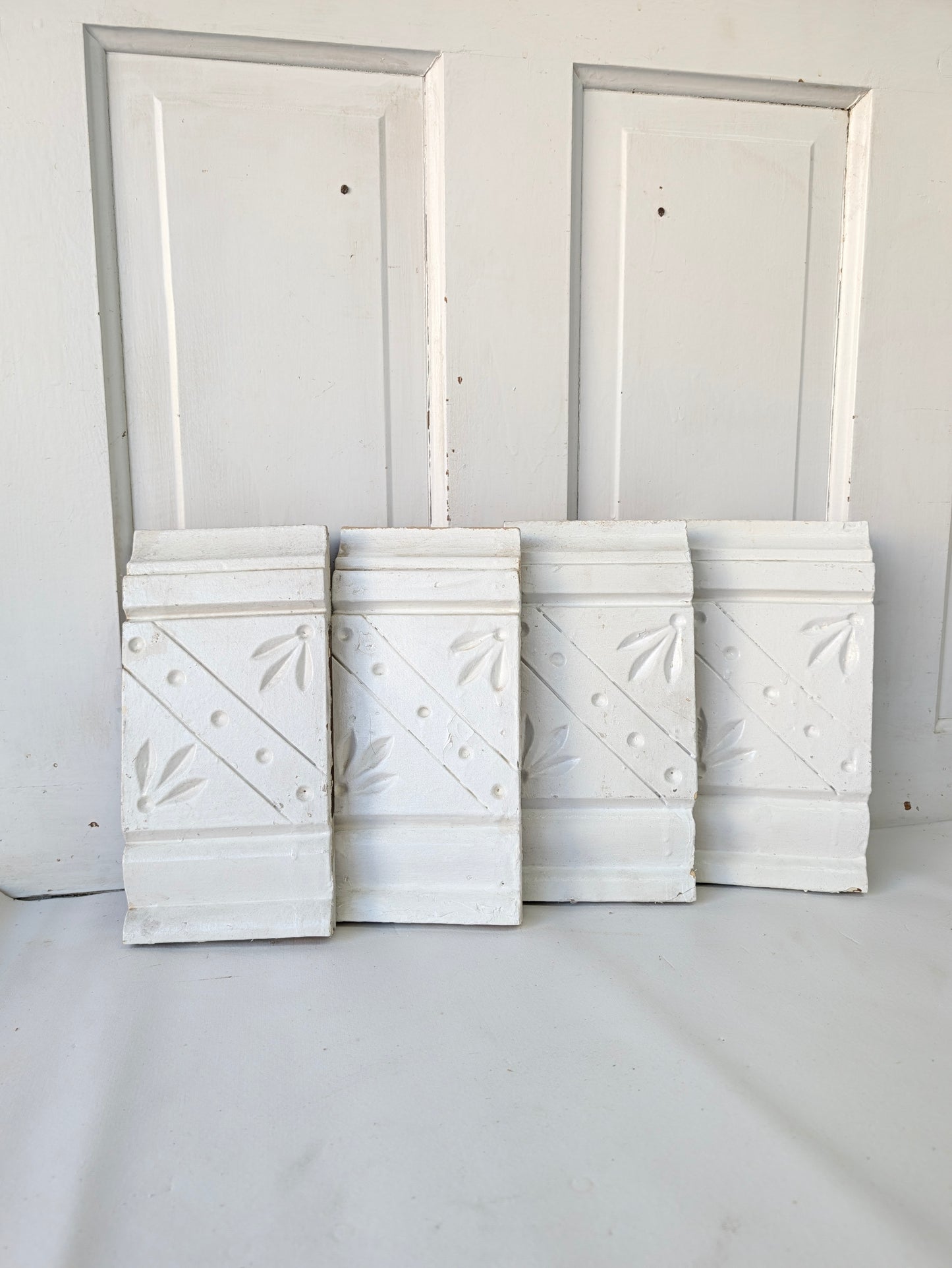 Four Antique Spoon-Carved Wood Plinth Blocks, Wood Trim Rosettes