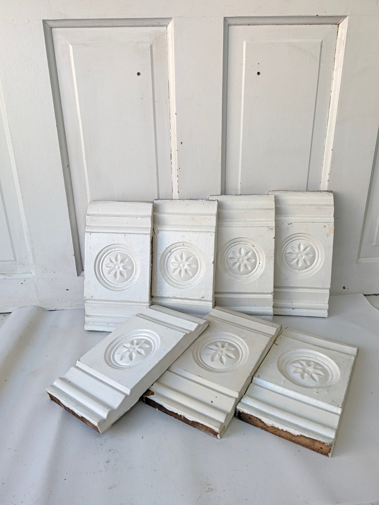 Seven Carved Plinth Blocks, Salvaged Wood Base Trim Moldings