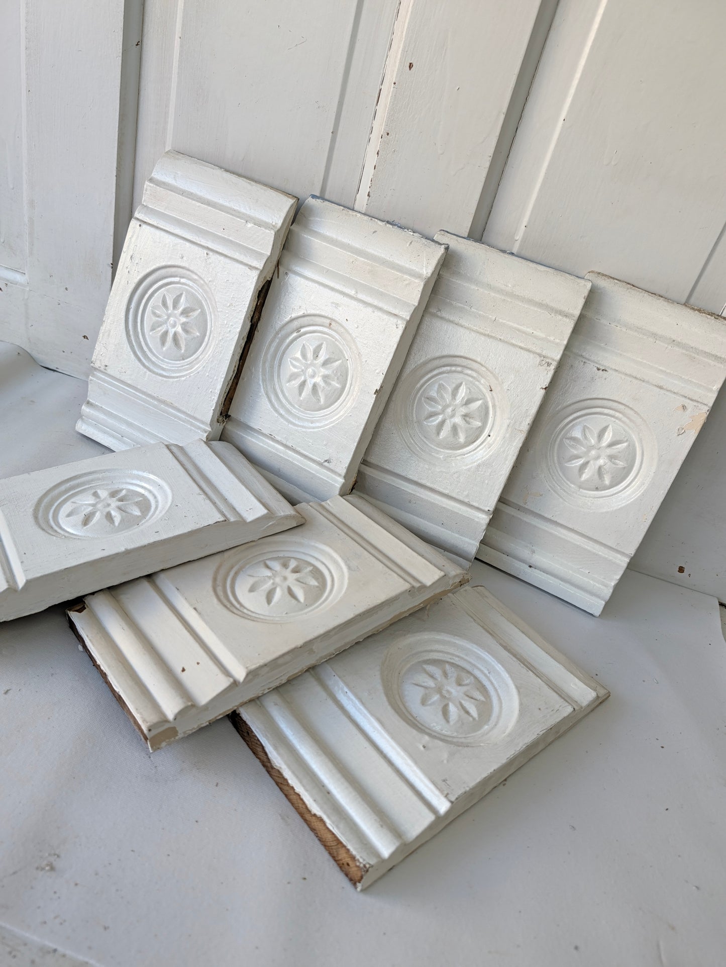 Seven Carved Plinth Blocks, Salvaged Wood Base Trim Moldings