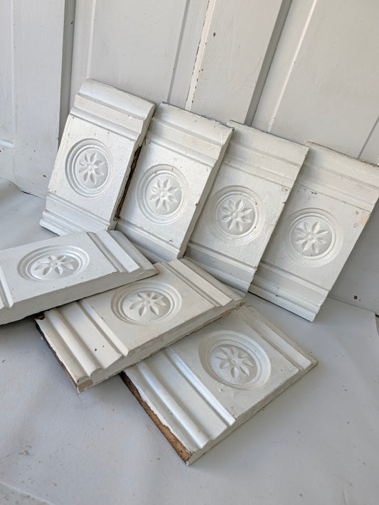 Seven Carved Plinth Blocks, Salvaged Wood Base Trim Moldings