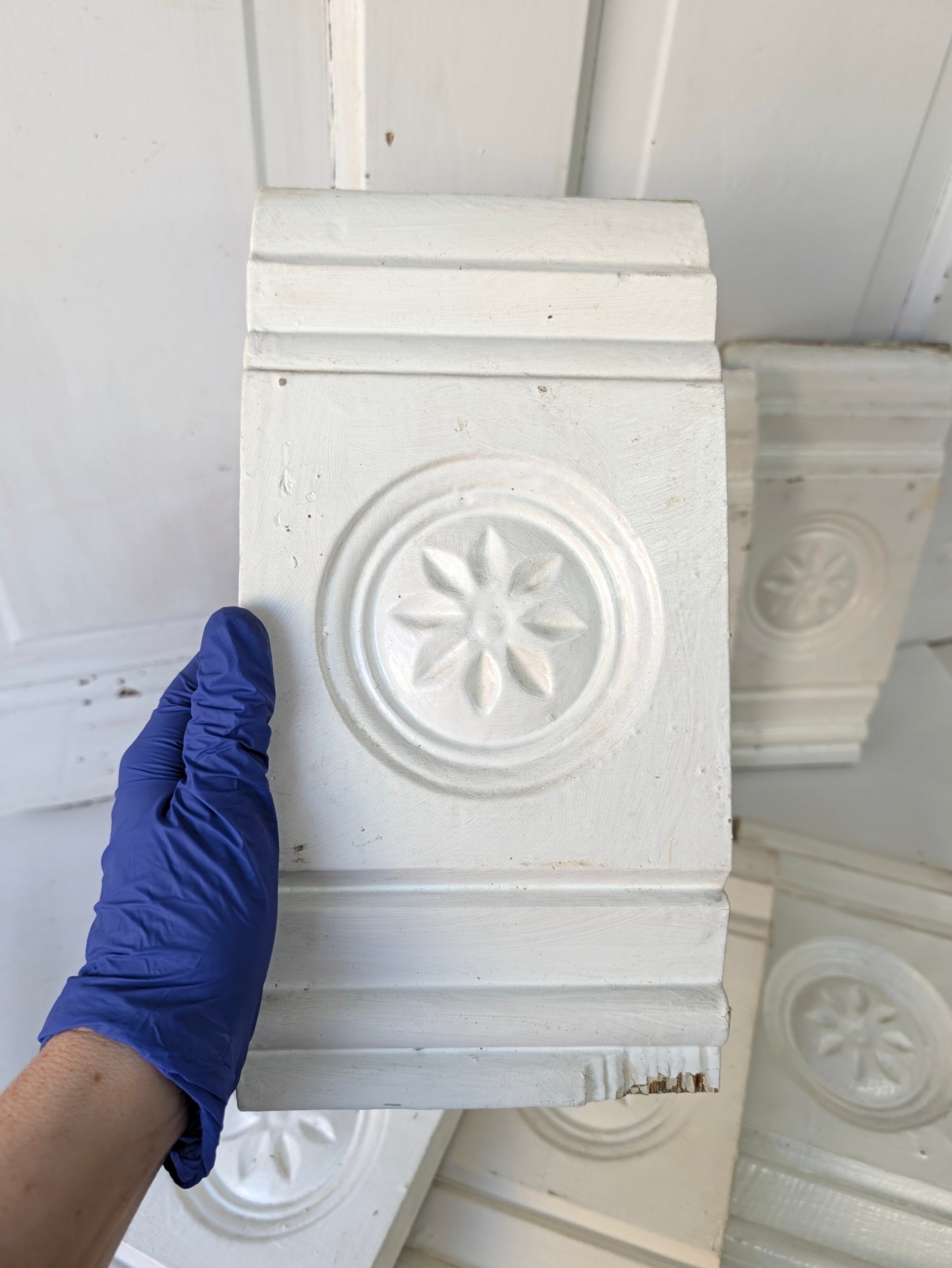 Seven Carved Plinth Blocks, Salvaged Wood Base Trim Moldings