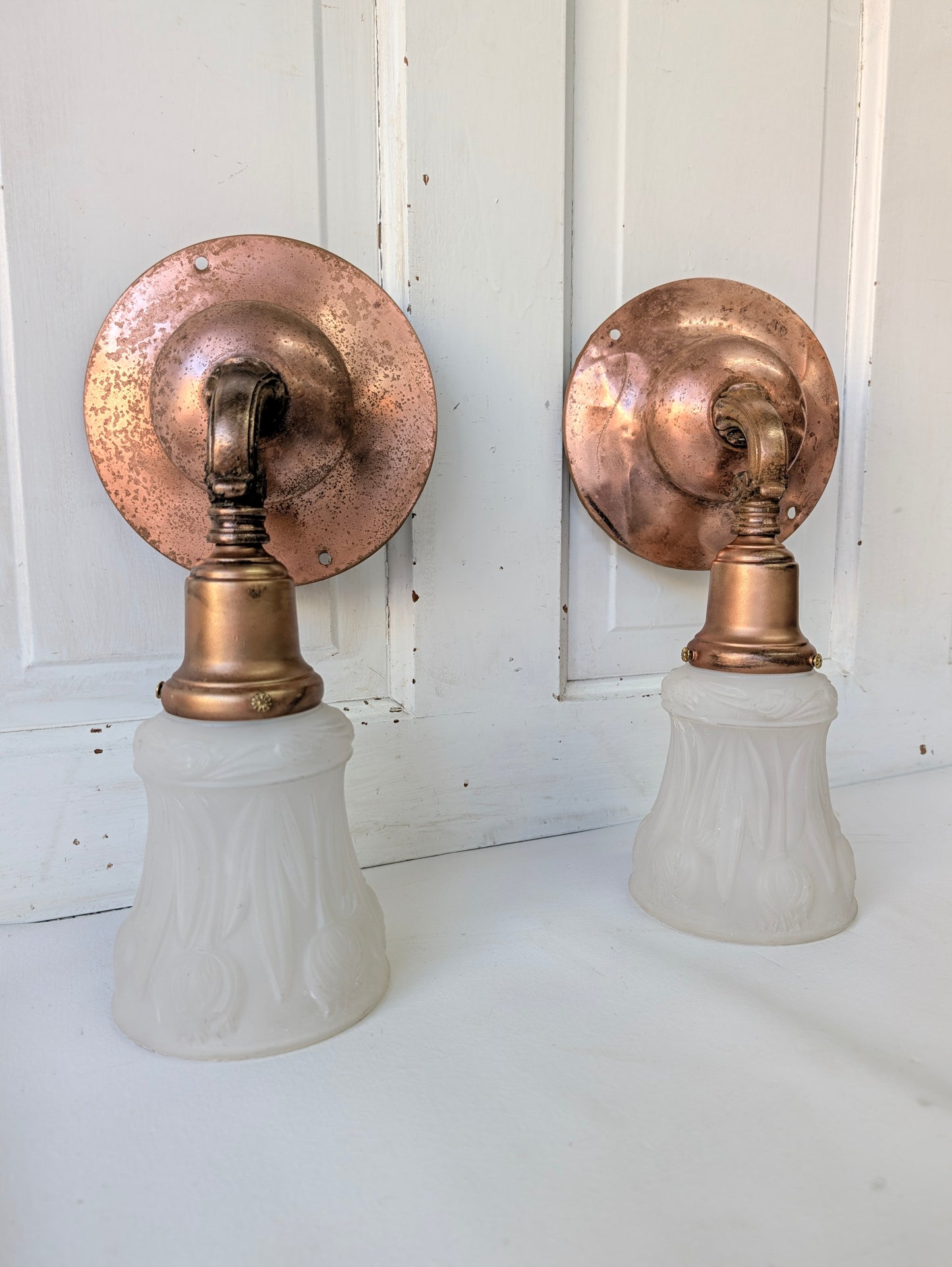 Two Copper Sconces with Tulip Shades, Arts and Crafts Wall Lighting
