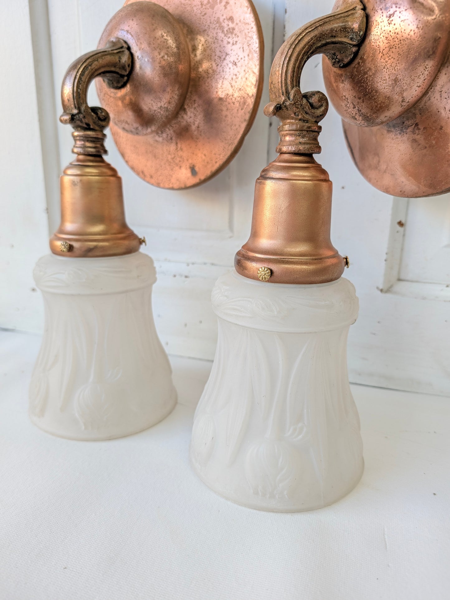 Two Copper Sconces with Tulip Shades, Arts and Crafts Wall Lighting