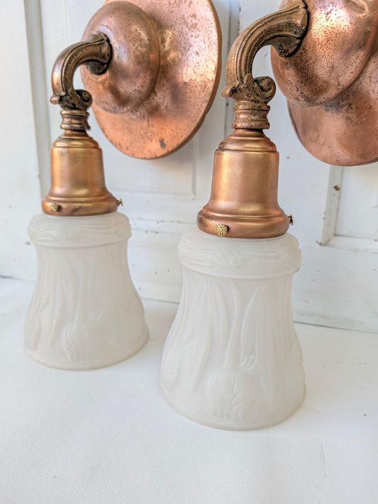 Two Copper Sconces with Tulip Shades, Arts and Crafts Wall Lighting