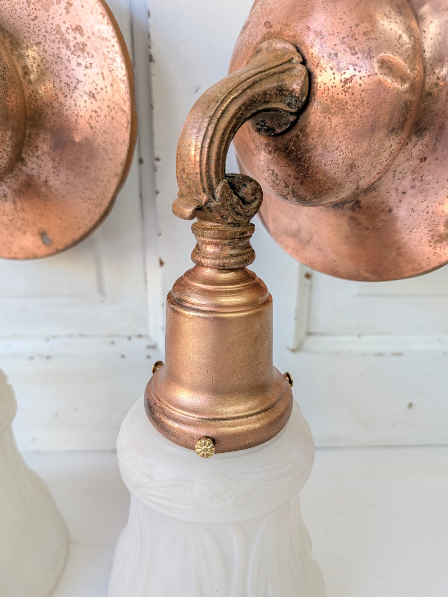 Two Copper Sconces with Tulip Shades, Arts and Crafts Wall Lighting