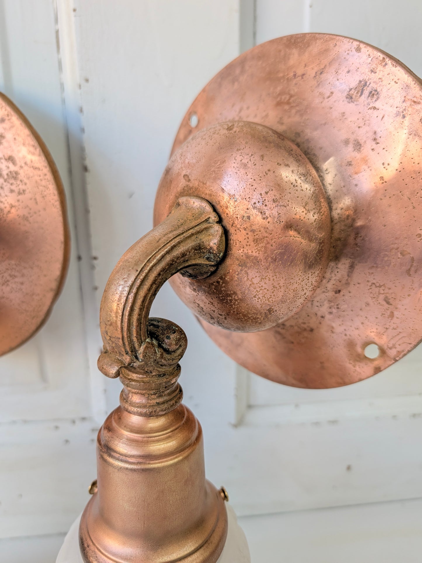 Two Copper Sconces with Tulip Shades, Arts and Crafts Wall Lighting