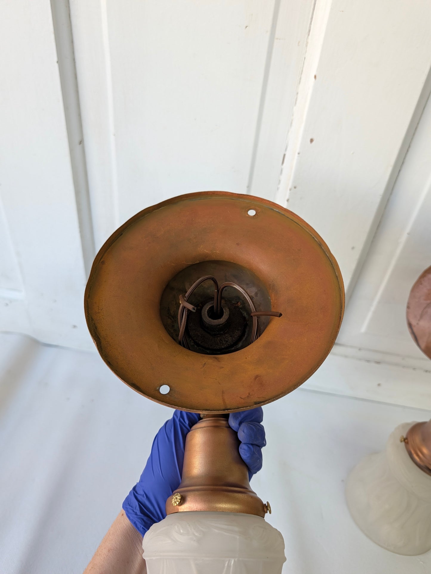 Two Copper Sconces with Tulip Shades, Arts and Crafts Wall Lighting