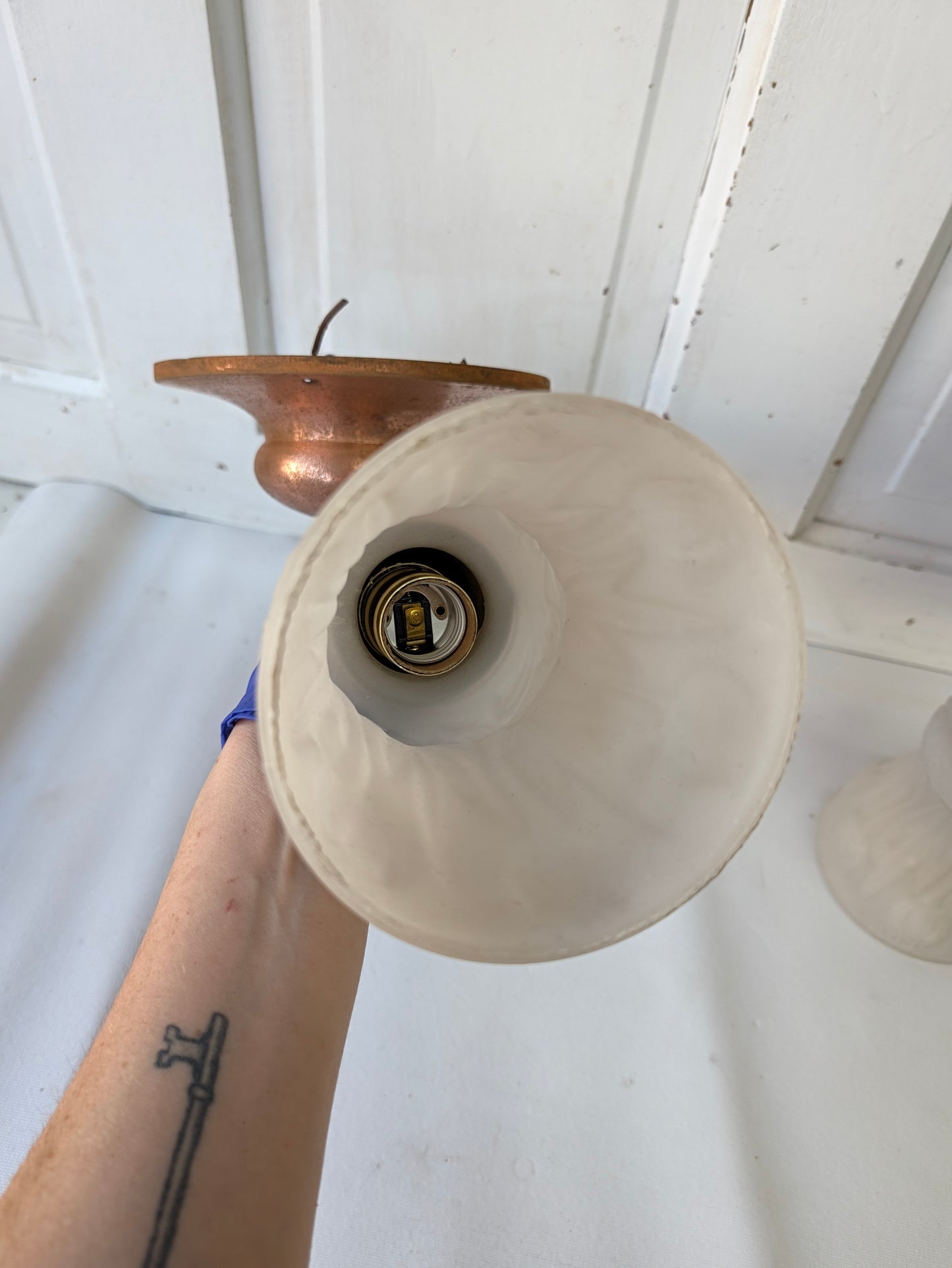 Two Copper Sconces with Tulip Shades, Arts and Crafts Wall Lighting
