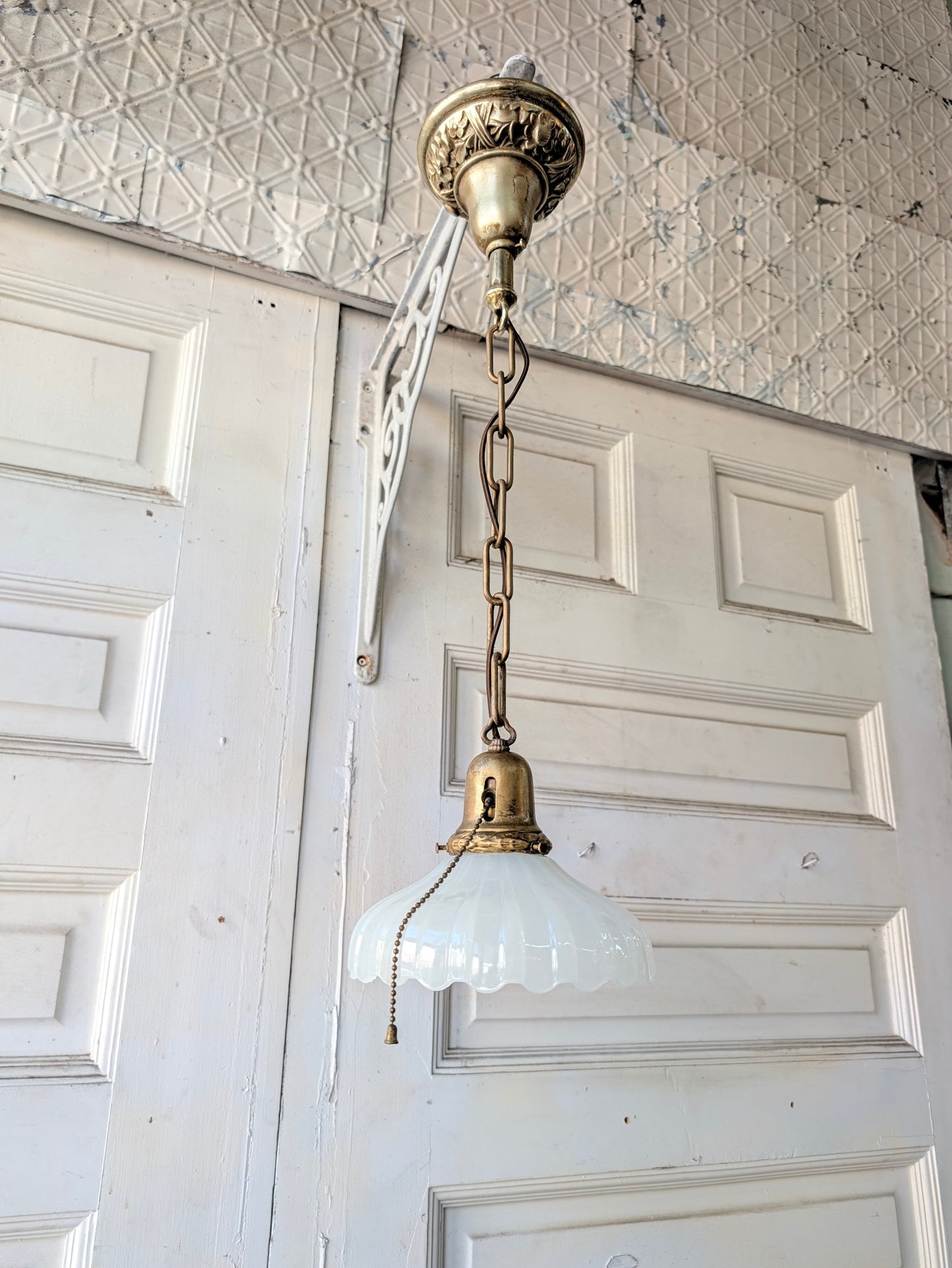 Pair of Clam Broth Shade Pendant Lights, Antique Brass Matching Tulip Shade Fixtures