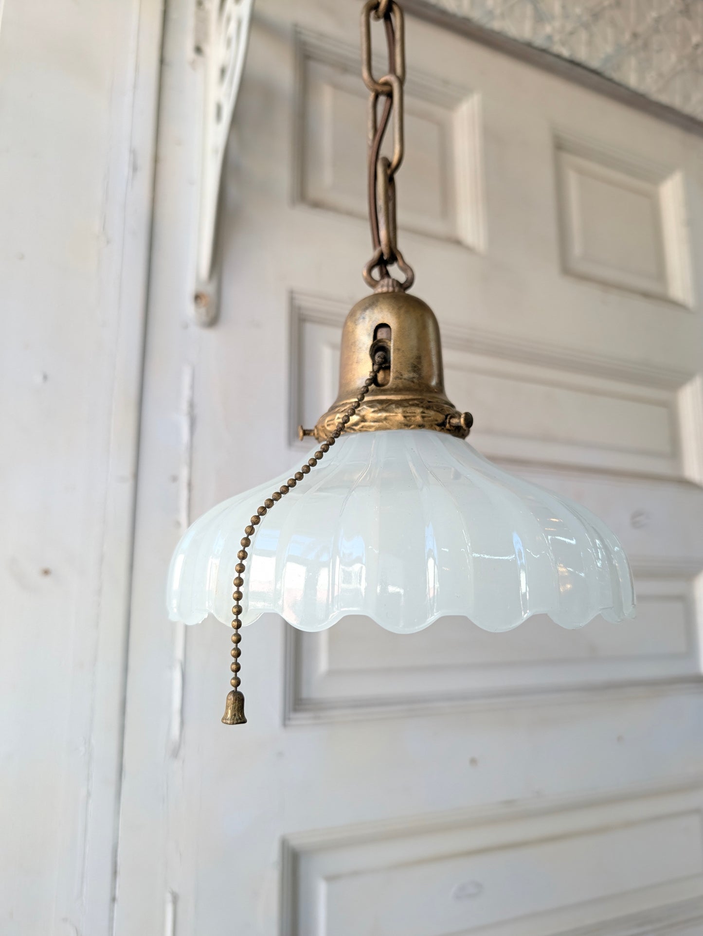 Pair of Clam Broth Shade Pendant Lights, Antique Brass Matching Tulip Shade Fixtures