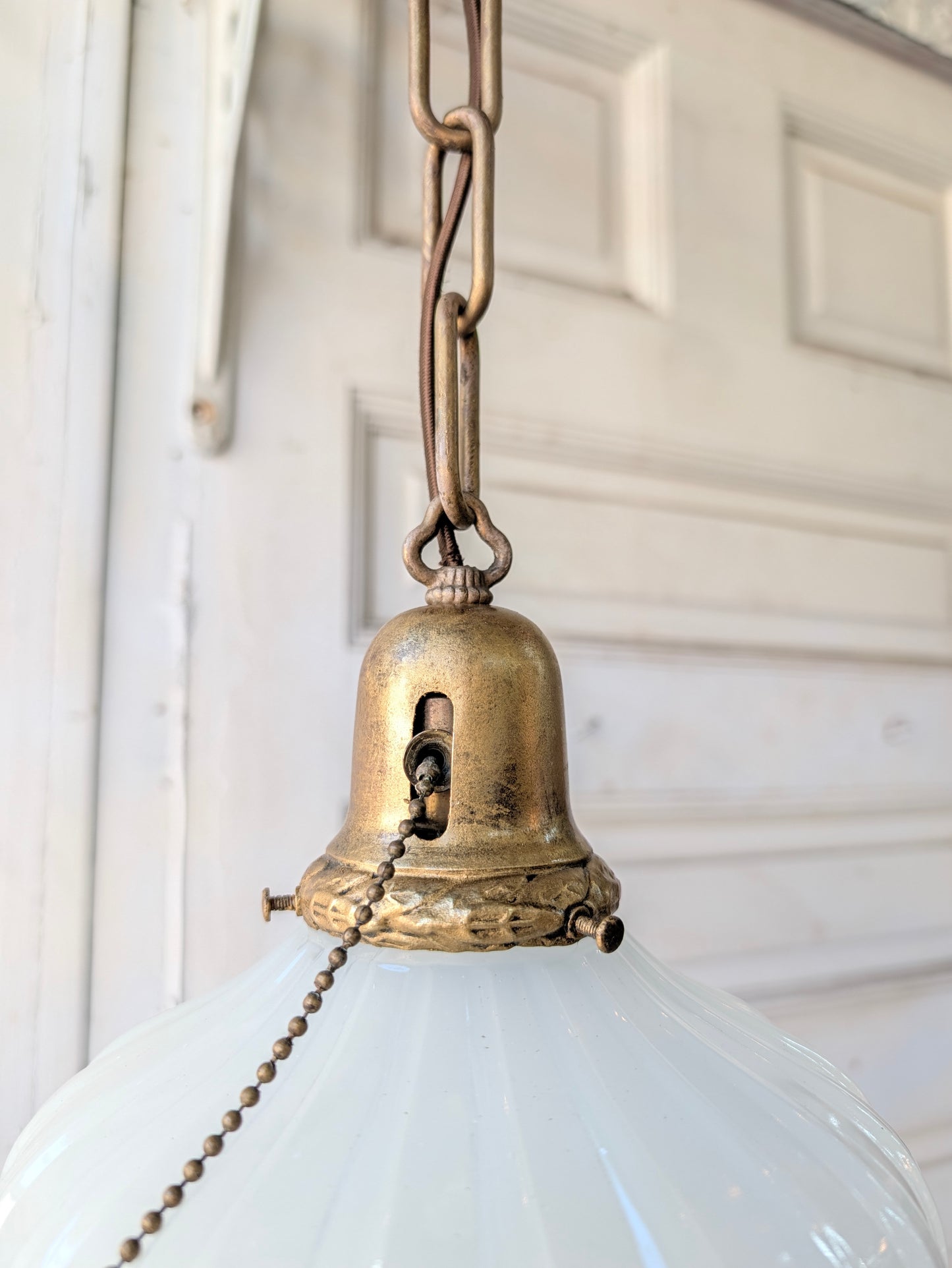 Pair of Clam Broth Shade Pendant Lights, Antique Brass Matching Tulip Shade Fixtures