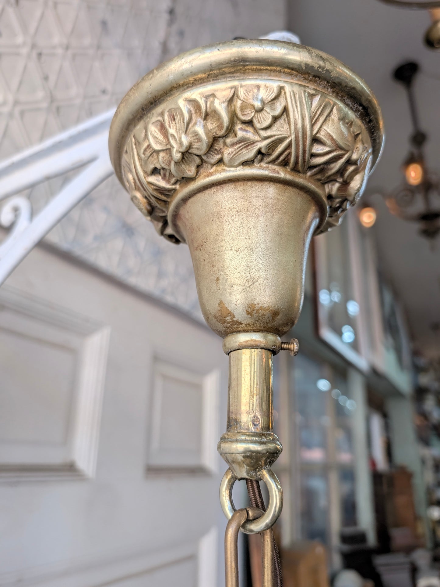 Pair of Clam Broth Shade Pendant Lights, Antique Brass Matching Tulip Shade Fixtures