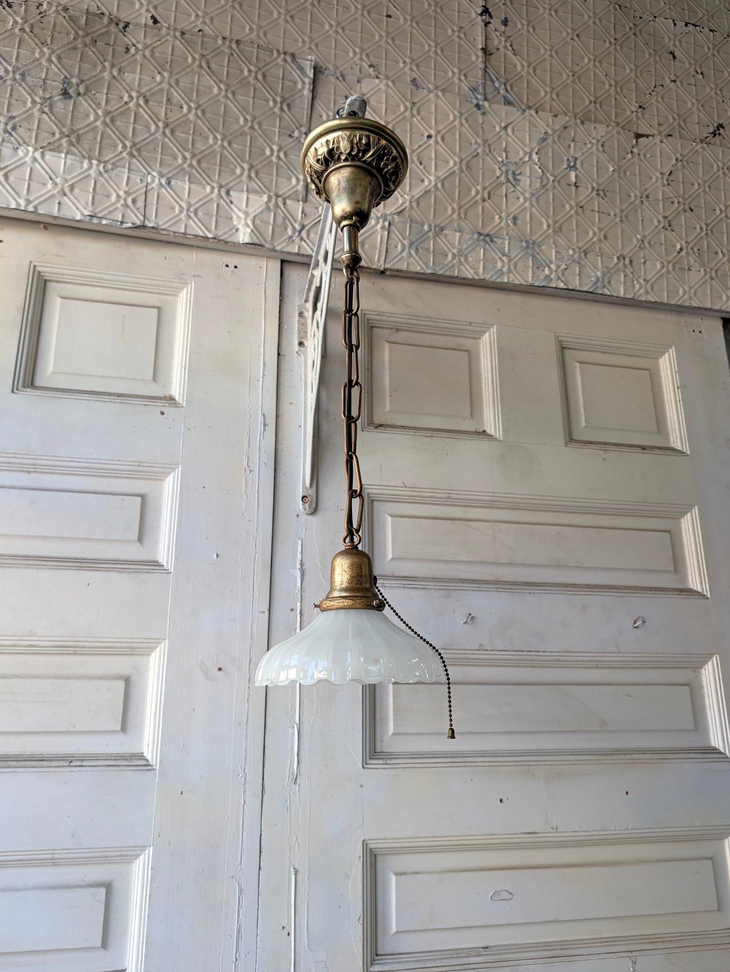 Pair of Clam Broth Shade Pendant Lights, Antique Brass Matching Tulip Shade Fixtures