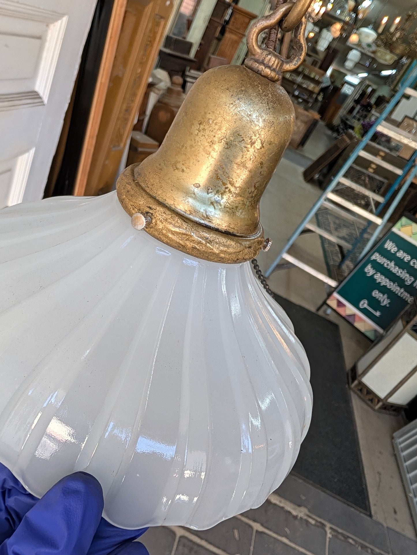 Pair of Clam Broth Shade Pendant Lights, Antique Brass Matching Tulip Shade Fixtures