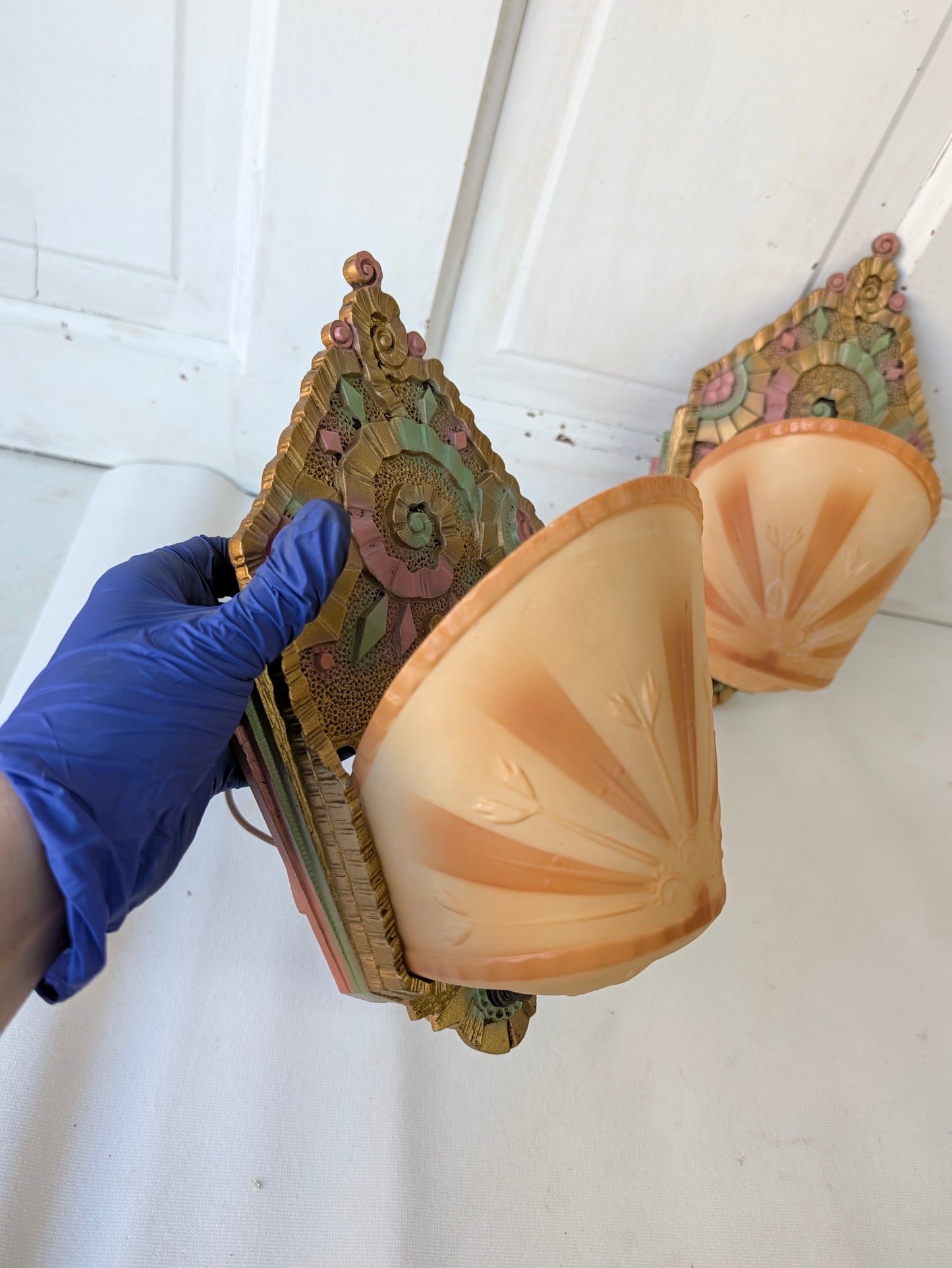 Beardslee Art Deco Slip Shade Sconces, Gold Molded Glass Wall Lights (Pair)