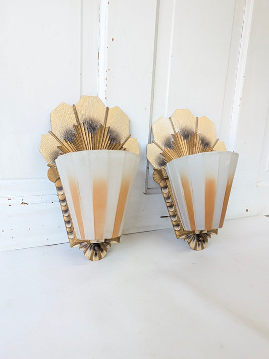 Art Deco Slip Shade Sconces, Gold Molded Glass Wall Lights (Pair)