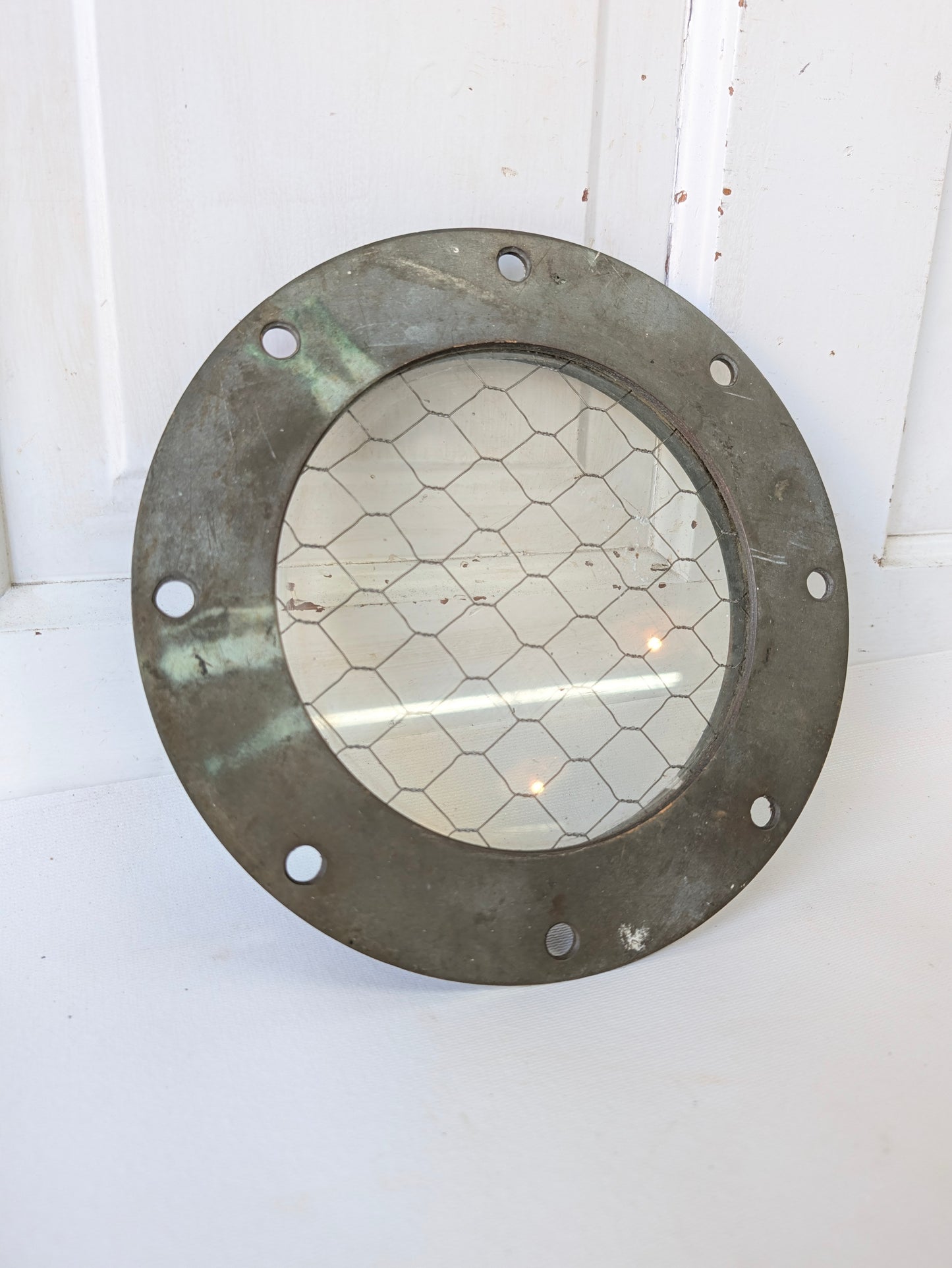 9" Vintage Bronze Porthole Frame, Chicken Wire Glass, Nautical Decor