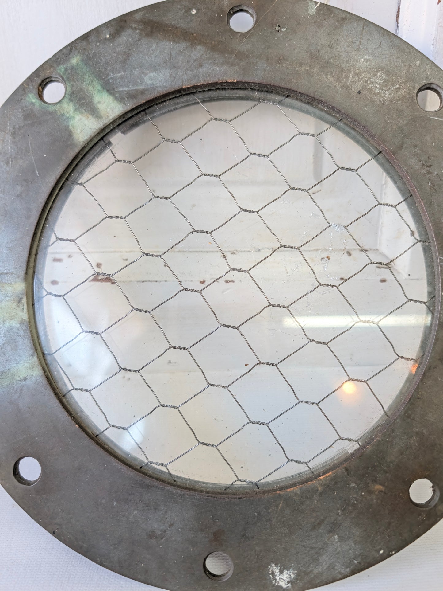 9" Vintage Bronze Porthole Frame, Chicken Wire Glass, Nautical Decor