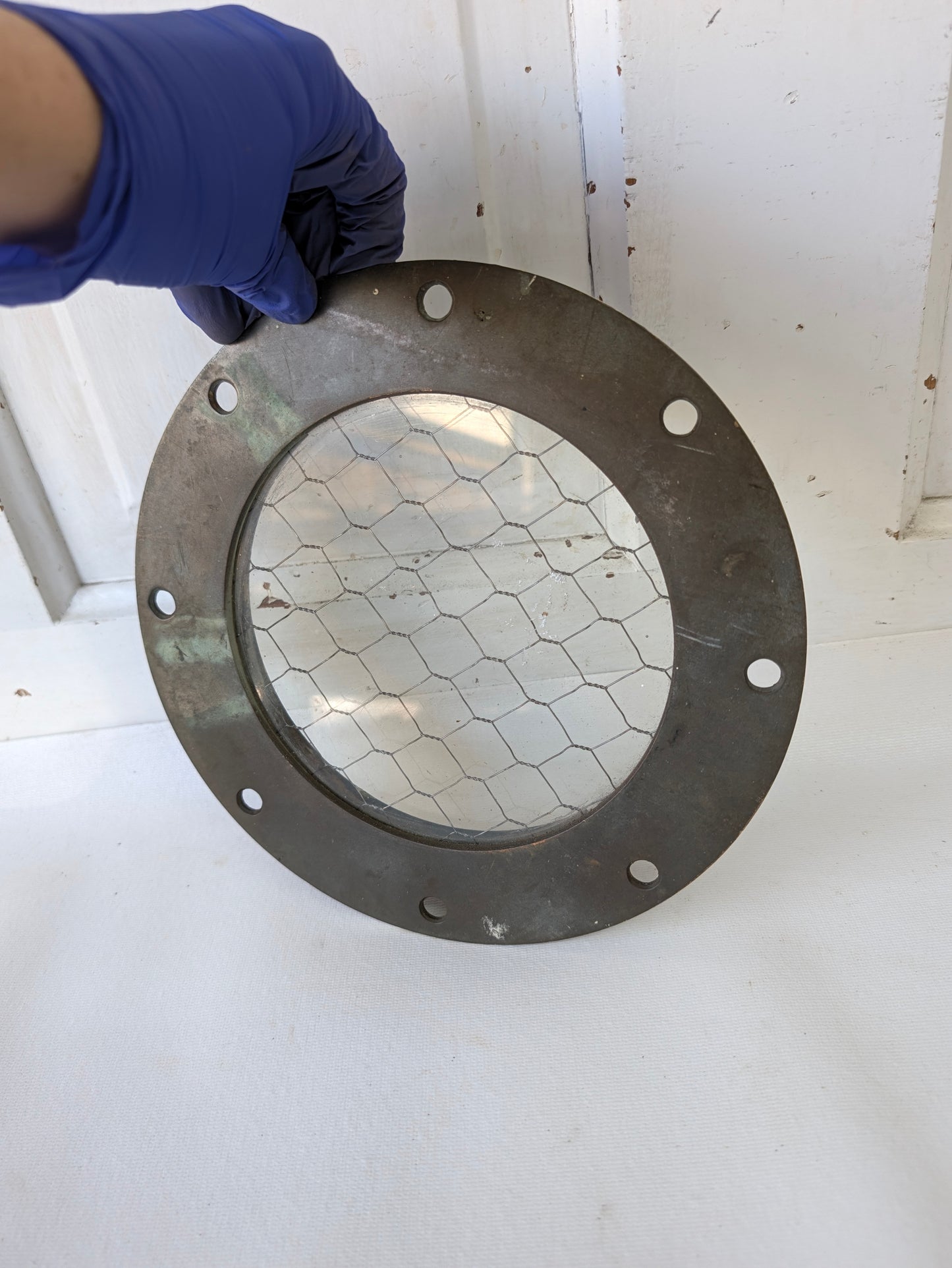9" Vintage Bronze Porthole Frame, Chicken Wire Glass, Nautical Decor