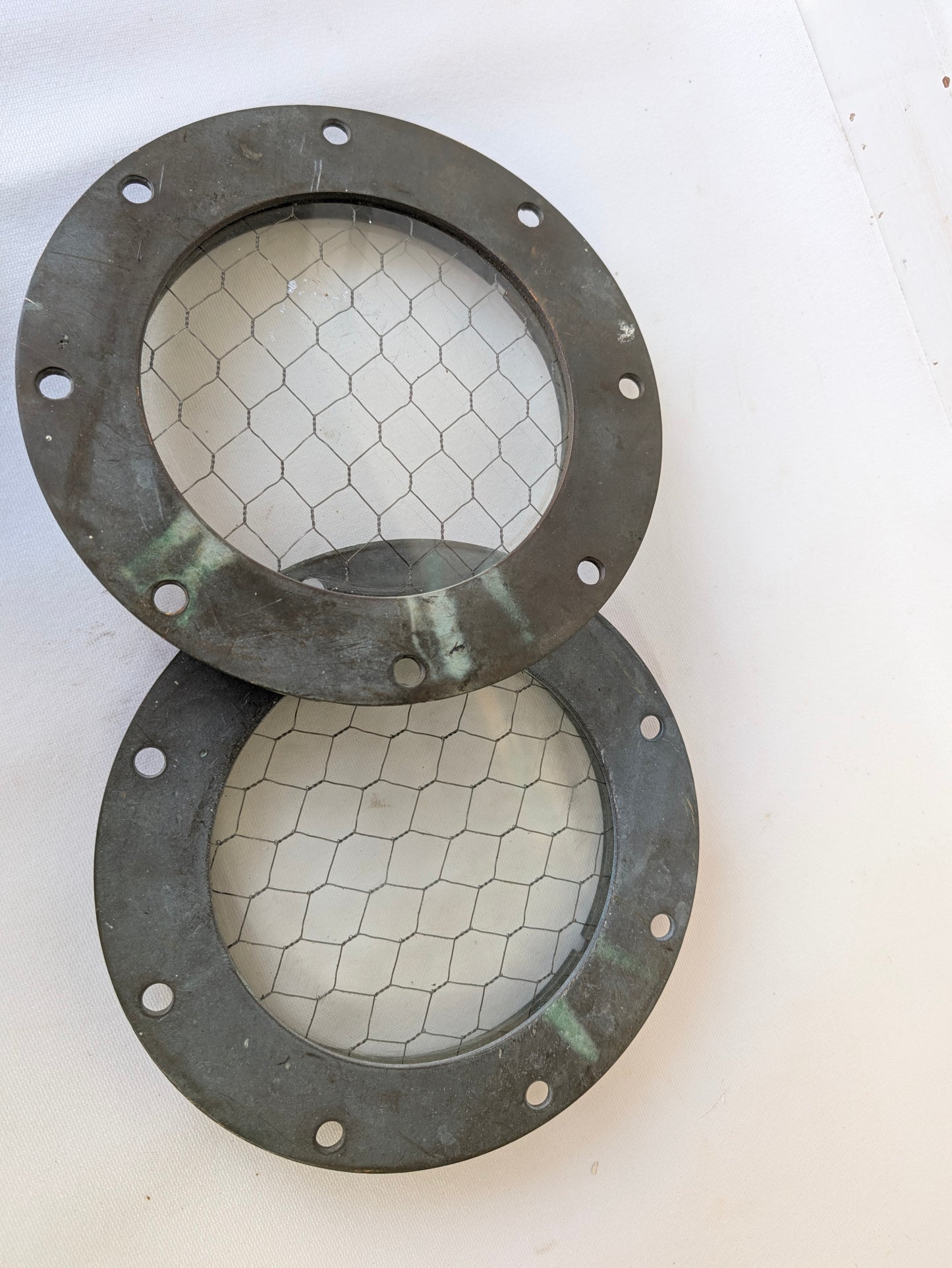 9" Vintage Bronze Porthole Frame, Chicken Wire Glass, Nautical Decor