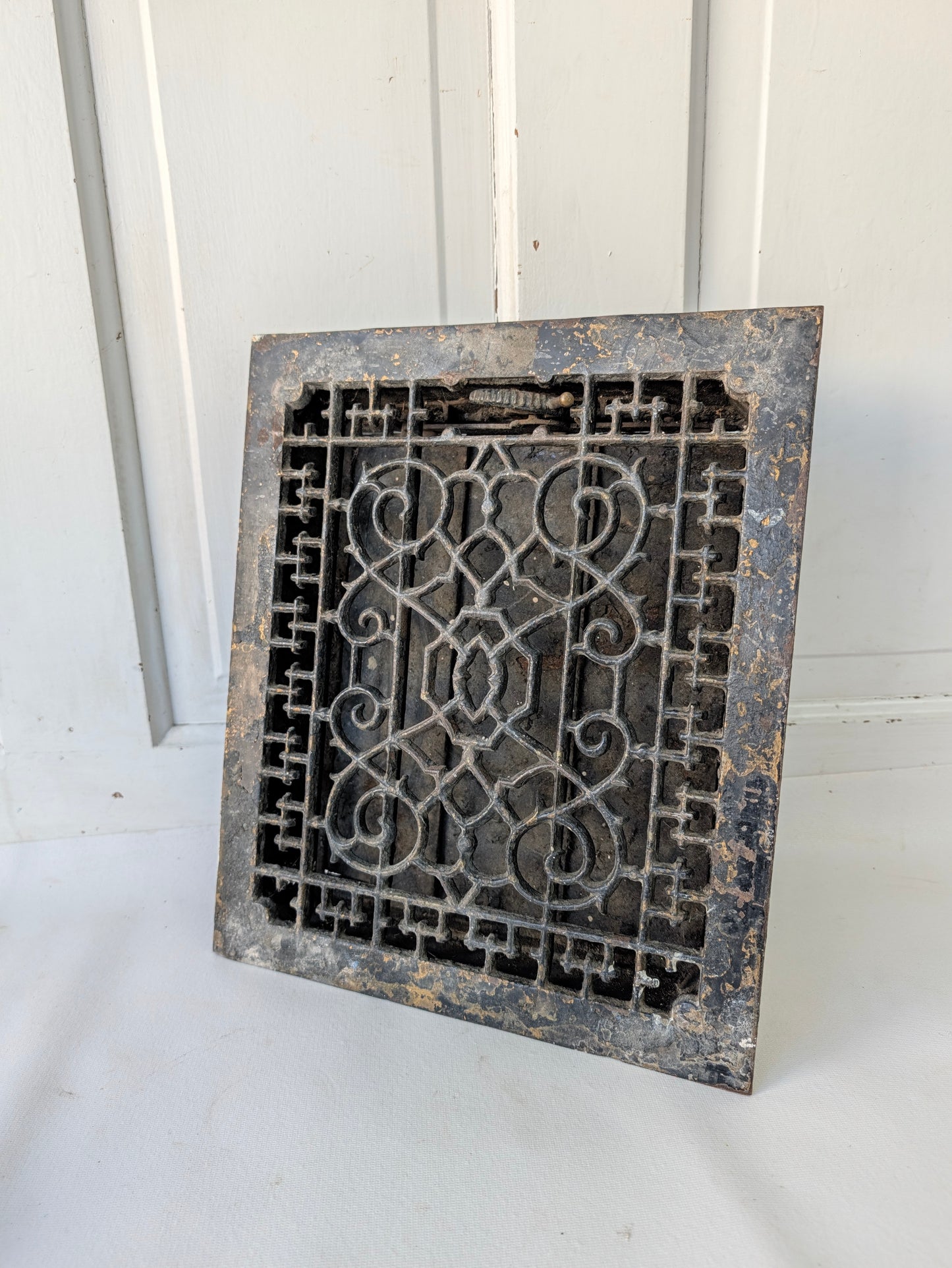 12 x 14 Scroll Design Vent Cover with Louvers, Working Vintage Cast Iron Register