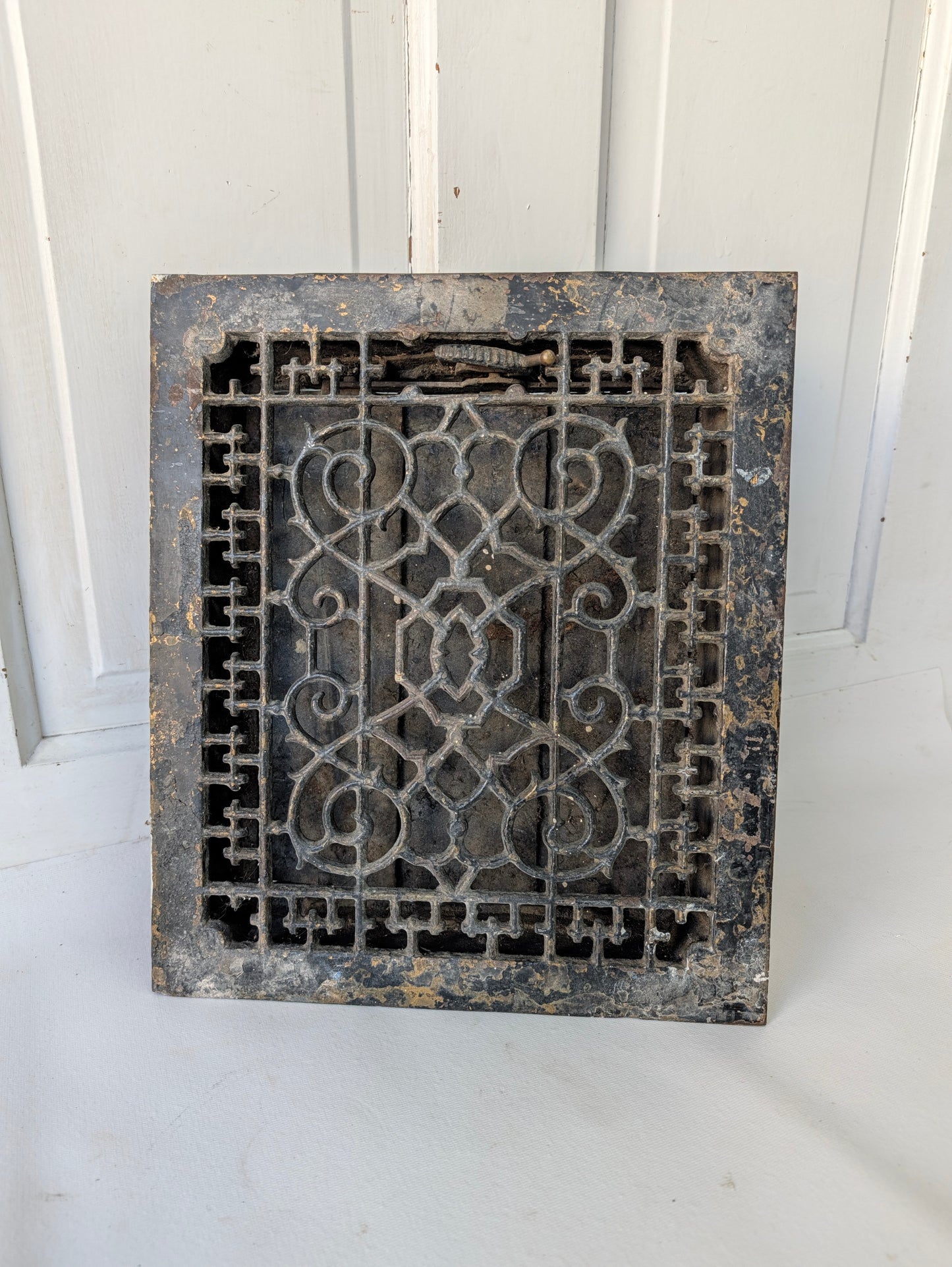 12 x 14 Scroll Design Vent Cover with Louvers, Working Vintage Cast Iron Register
