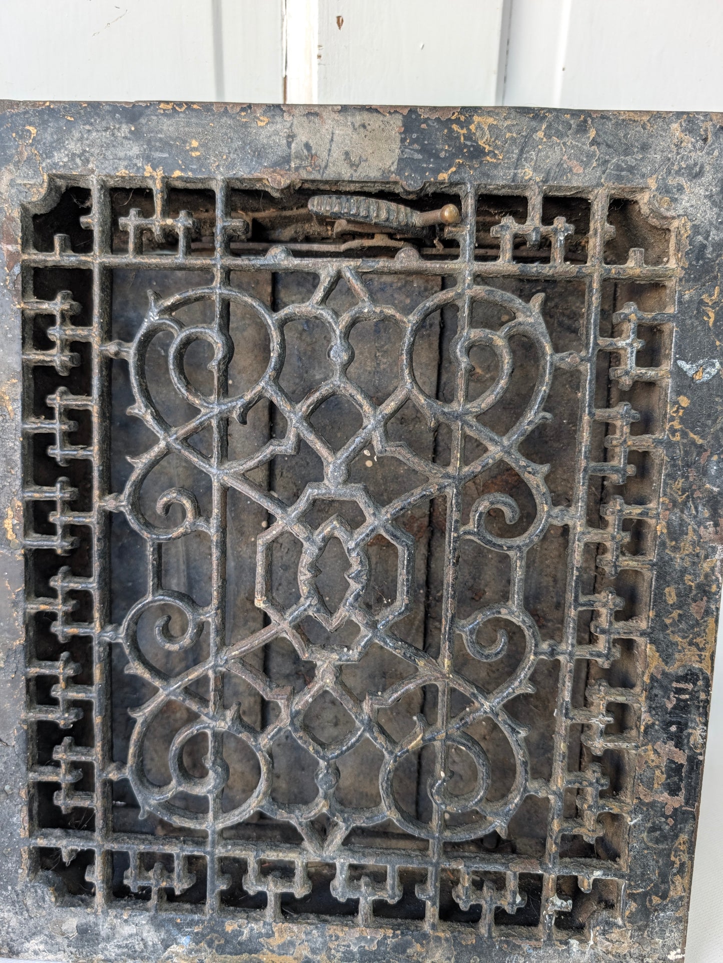 12 x 14 Scroll Design Vent Cover with Louvers, Working Vintage Cast Iron Register