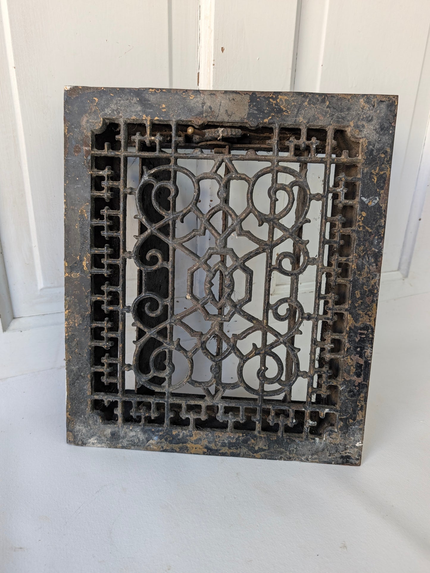 12 x 14 Scroll Design Vent Cover with Louvers, Working Vintage Cast Iron Register