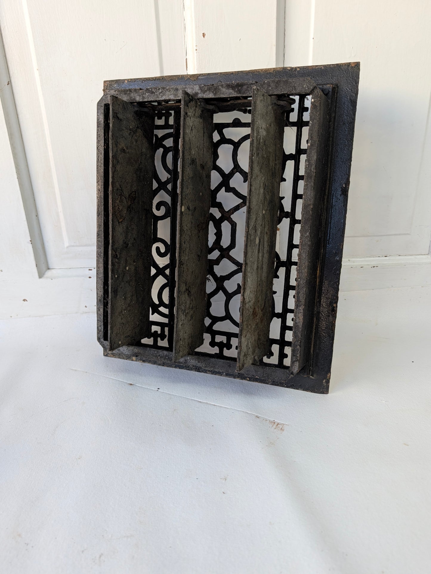 12 x 14 Scroll Design Vent Cover with Louvers, Working Vintage Cast Iron Register