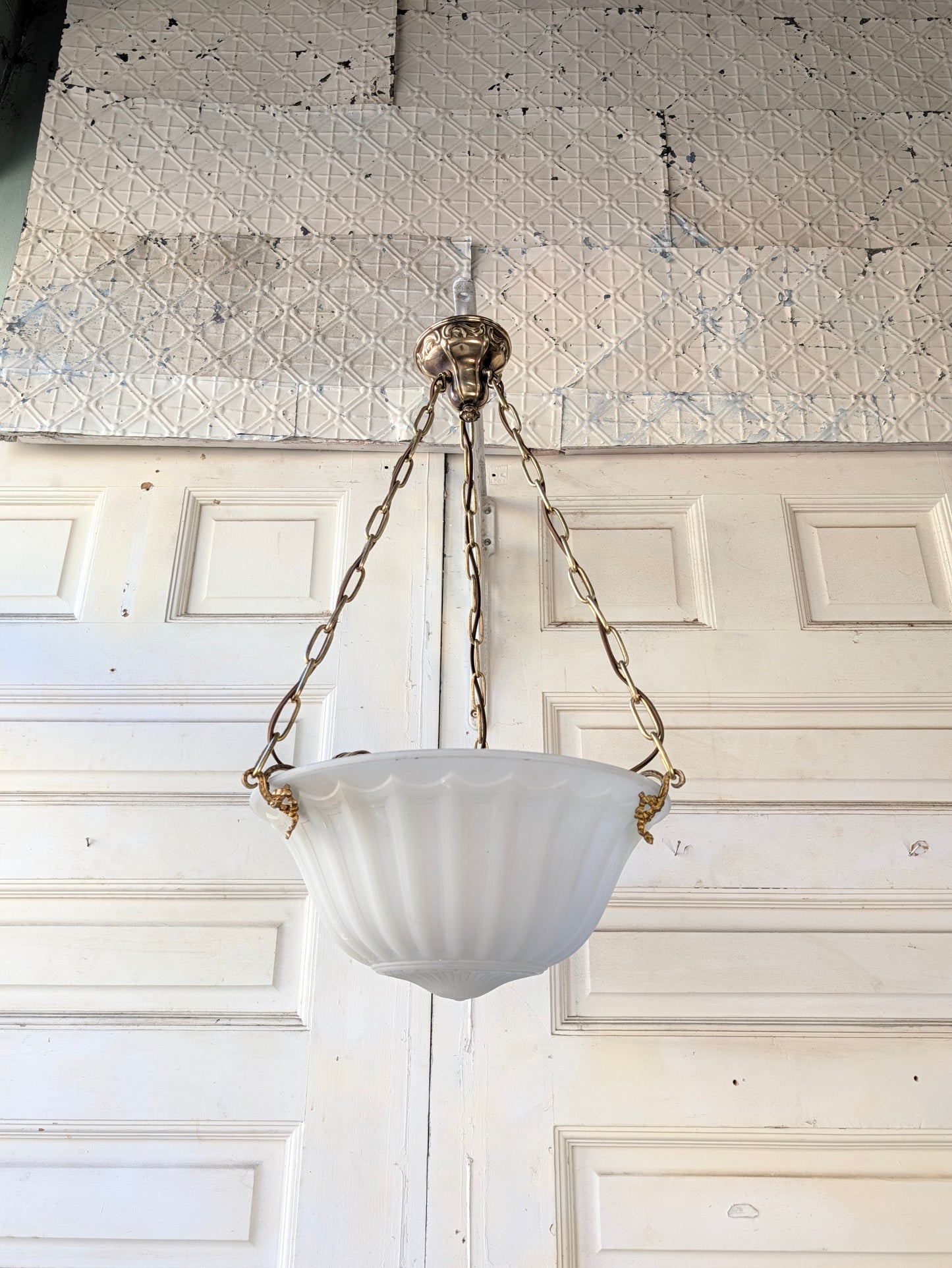 Victorian Molded Glass Bowl Chandelier: Frosted White Hanging Light