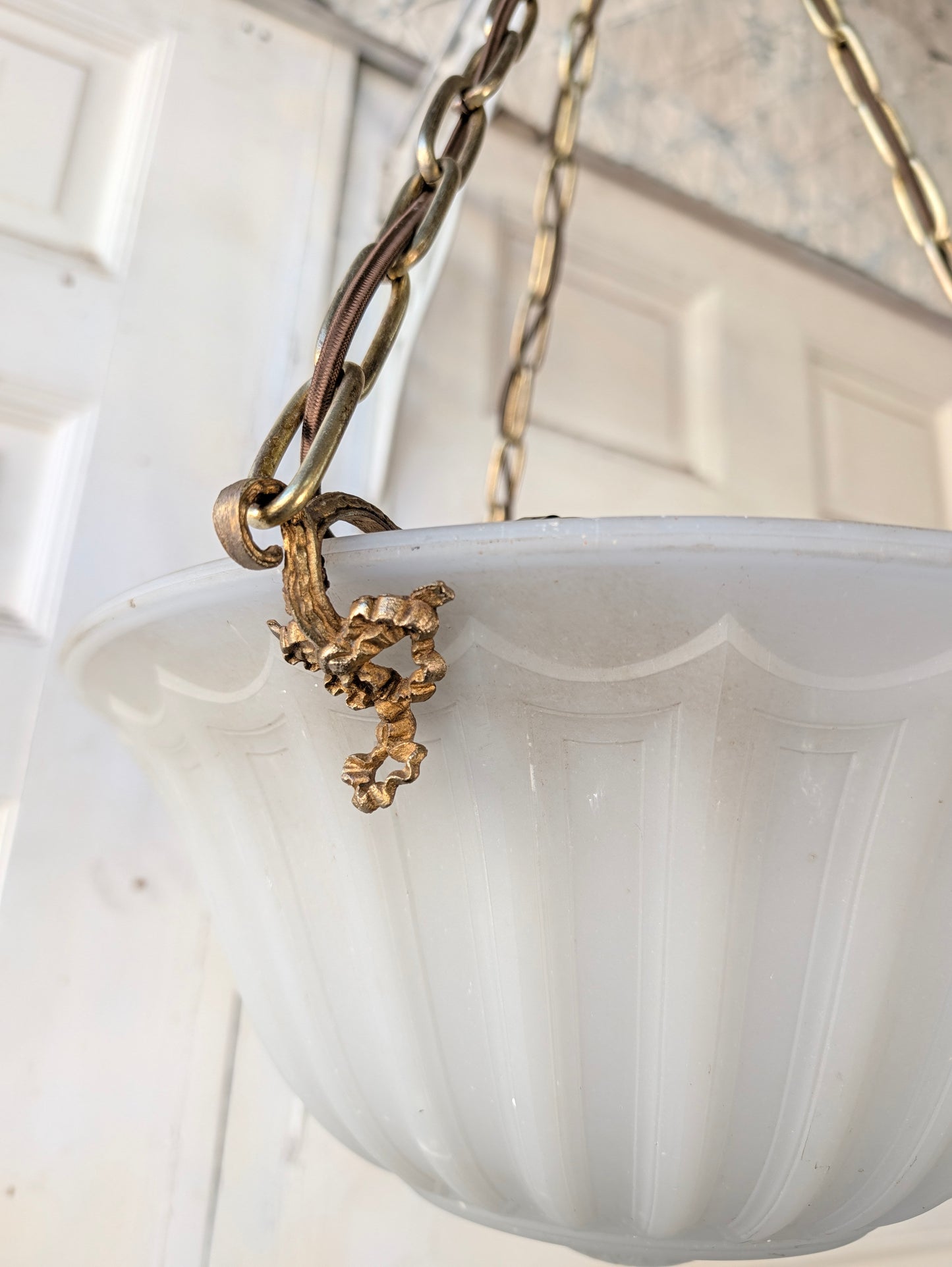 Victorian Molded Glass Bowl Chandelier: Frosted White Hanging Light