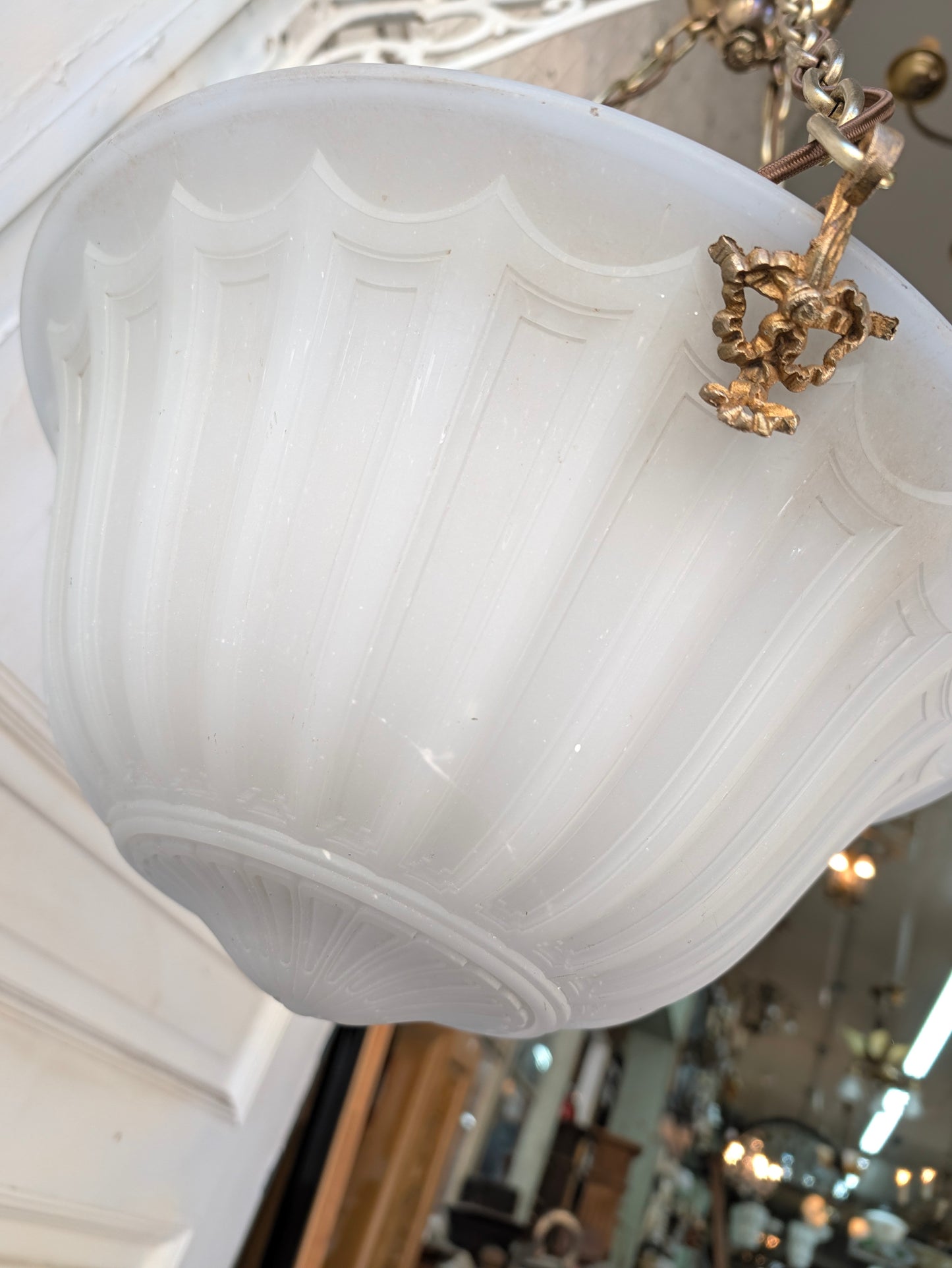 Victorian Molded Glass Bowl Chandelier: Frosted White Hanging Light