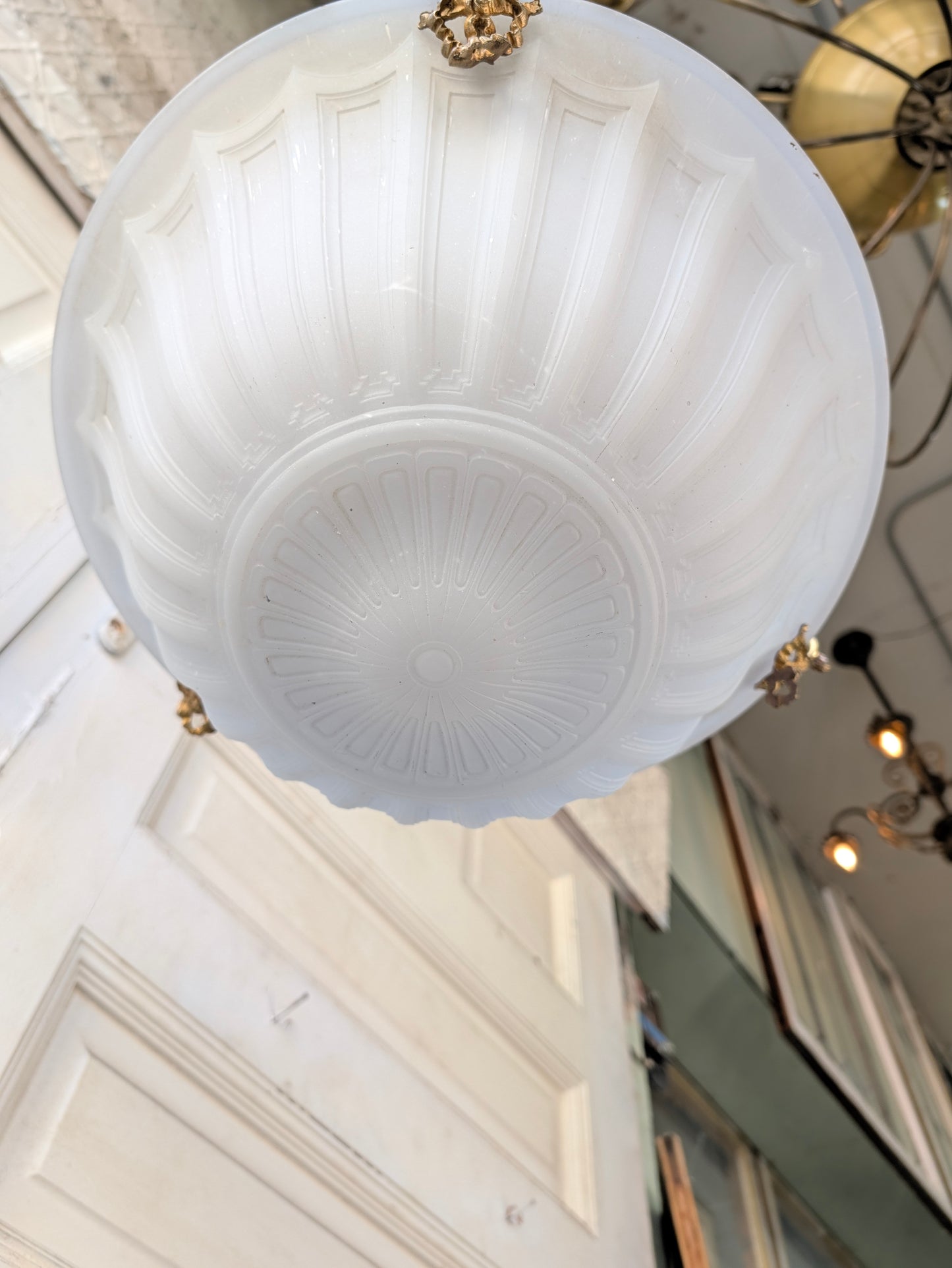 Victorian Molded Glass Bowl Chandelier: Frosted White Hanging Light