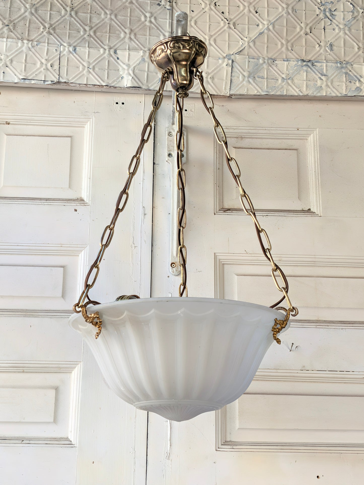 Victorian Molded Glass Bowl Chandelier: Frosted White Hanging Light