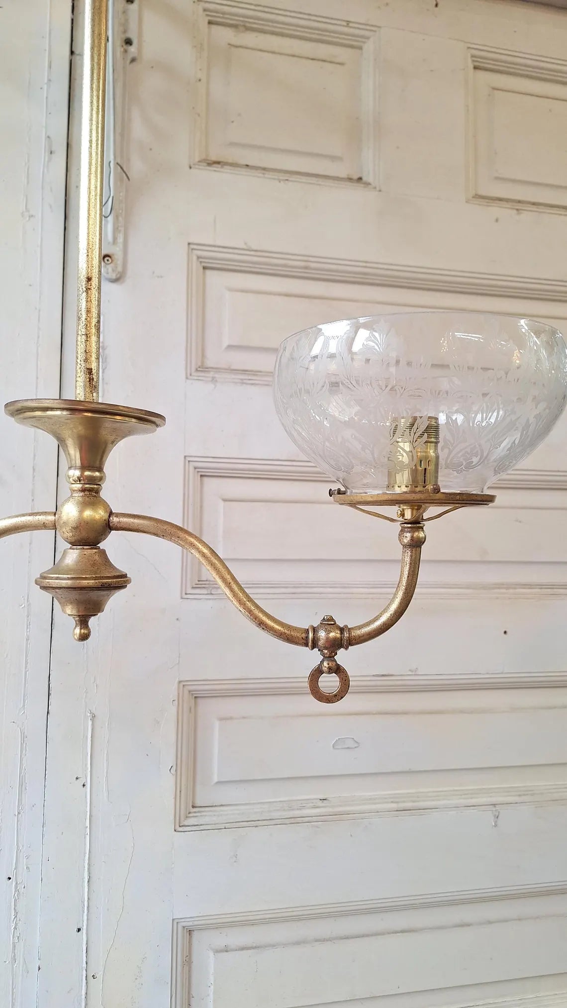 Curved Arm Brass Chandelier with Etched Shades, Antique Ceiling Light from Victorian Home